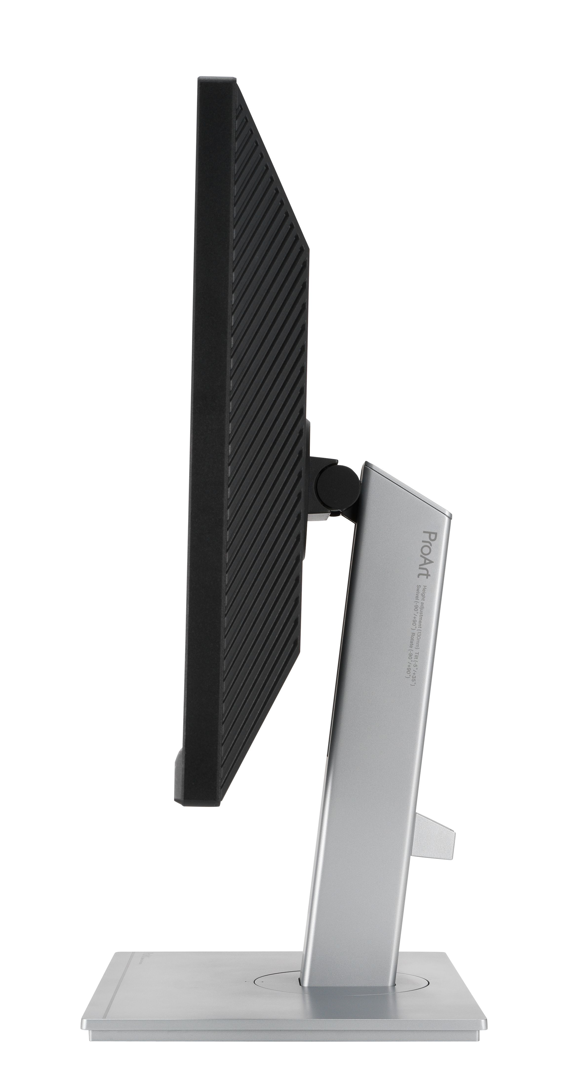 Widok z boku monitora komputera. Ekran jest czarny, ze srebrną podstawą. Monitor ma etykietę ProArt.