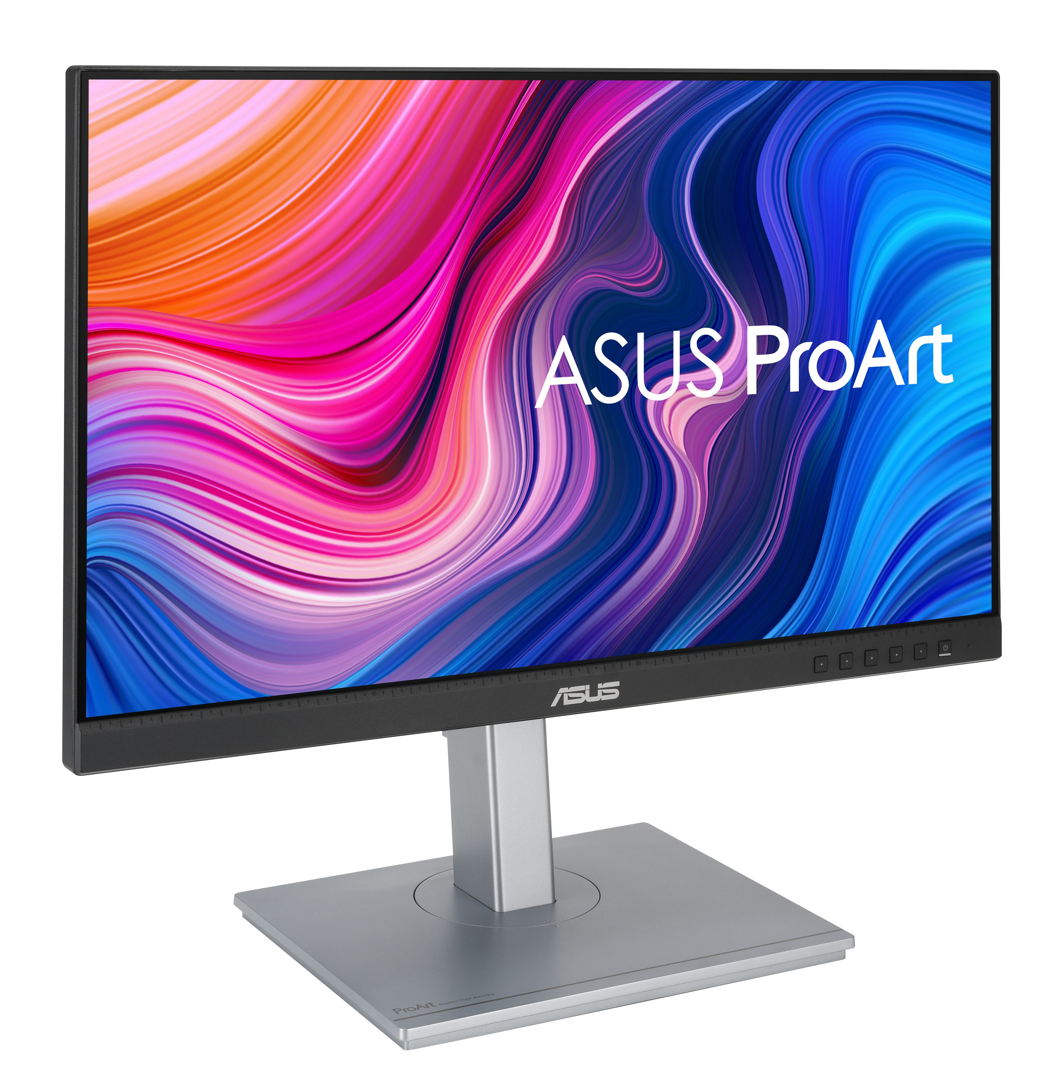 Monitor ASUS ProArt. Ma kolorowy wyświetlacz i srebrną podstawę. Widoczne jest logo ASUS.