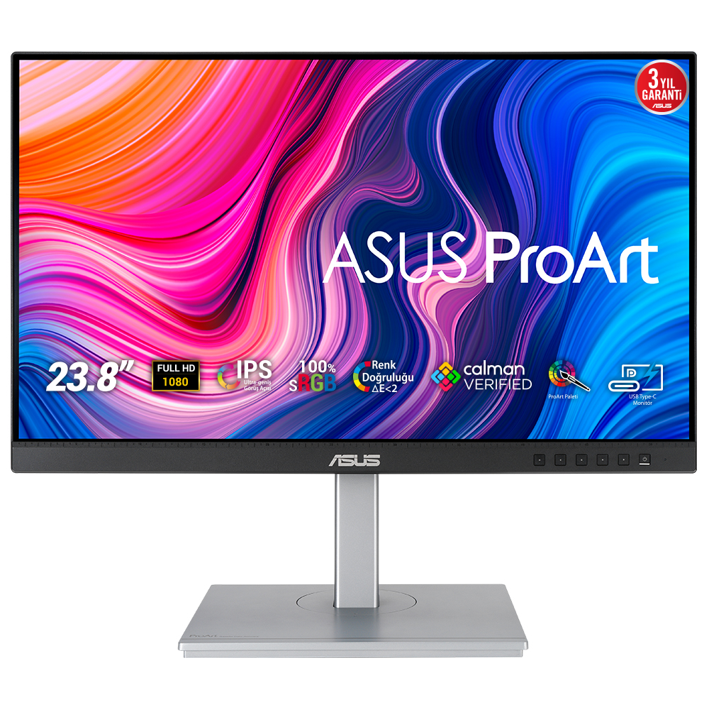 Monitor ASUS ProArt. Posiada kolorowy wyświetlacz, ekran 23,8" i różne logo, w tym Full HD i Calman Verified.