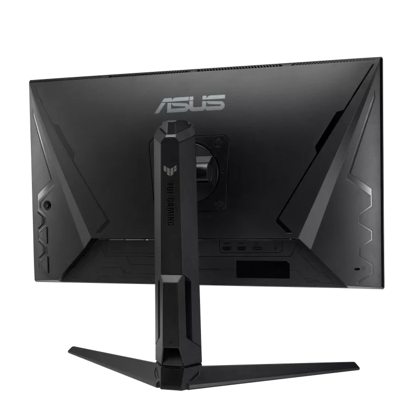 Widok z tyłu czarnego monitora ASUS TUF Gaming. Ma podstawę i widoczne jest logo ASUS.
