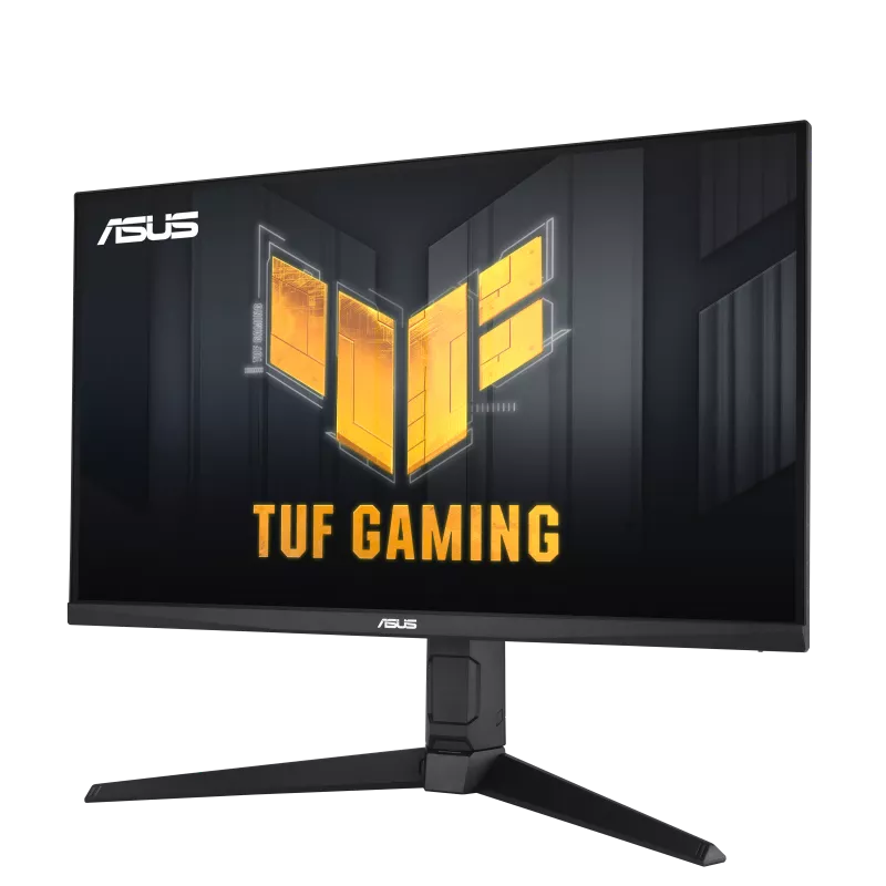 Monitor ASUS TUF Gaming. Czarna ramka, stojak. Ekran wyświetla żółte logo TUF i tekst. Czarne tło.
