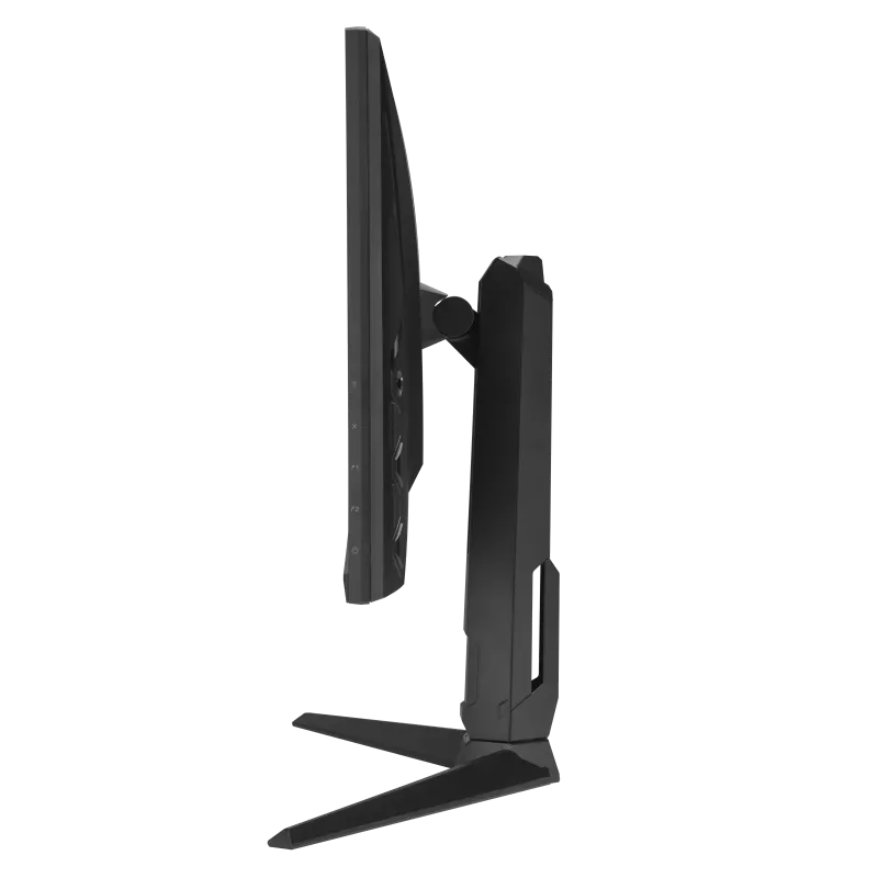 Widok z boku czarnego monitora komputerowego. Ekran jest cienki, a podstawa ma podstawę w kształcie litery V. Tło jest czarne.
