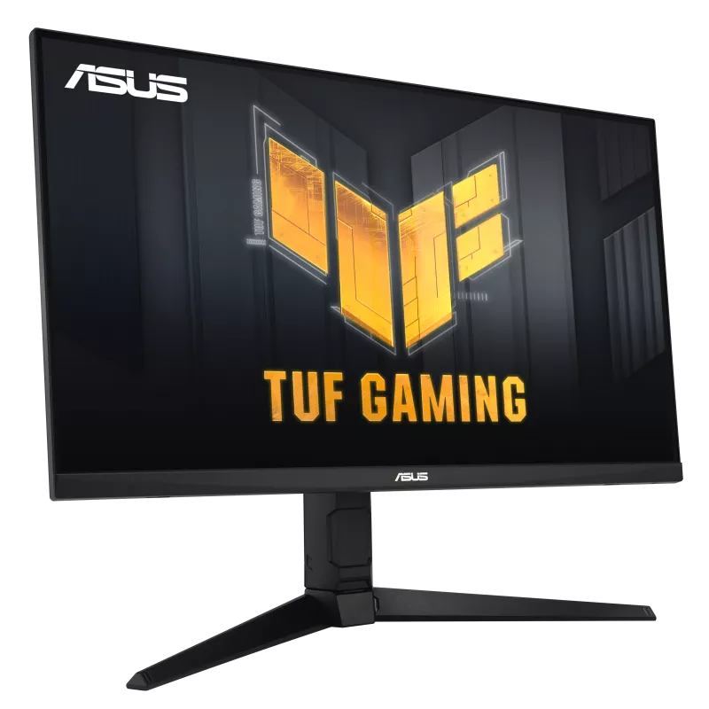 Czarny monitor ASUS TUF Gaming. Ekran wyświetla logo TUF Gaming w kolorze żółtym na ciemnym tle. Podstawa również jest czarna.