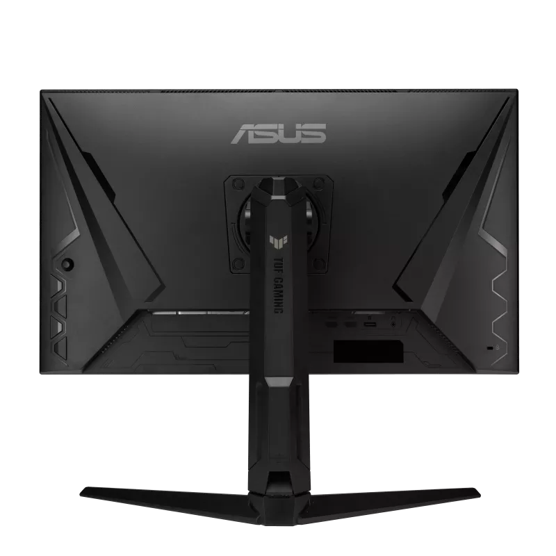 Widok z tyłu czarnego monitora ASUS TUF Gaming. Posiada podstawkę, logo ASUS i napis TUF GAMING.