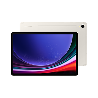 Beżowy tablet, widok z przodu pokazujący ekran z kolorowym łukiem, widok z tyłu z aparatem.