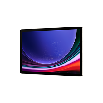 Tablet z żywym ekranem wyświetlającym kolorowy, abstrakcyjny design. Tablet ma srebrną ramkę na białym tle.