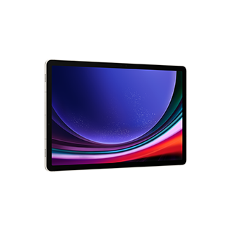 Tablet z żywym wyświetlaczem, pokazującym kolory niebieski, fioletowy, czerwony i zielony. Ekran obramowany jest czarną ramką.