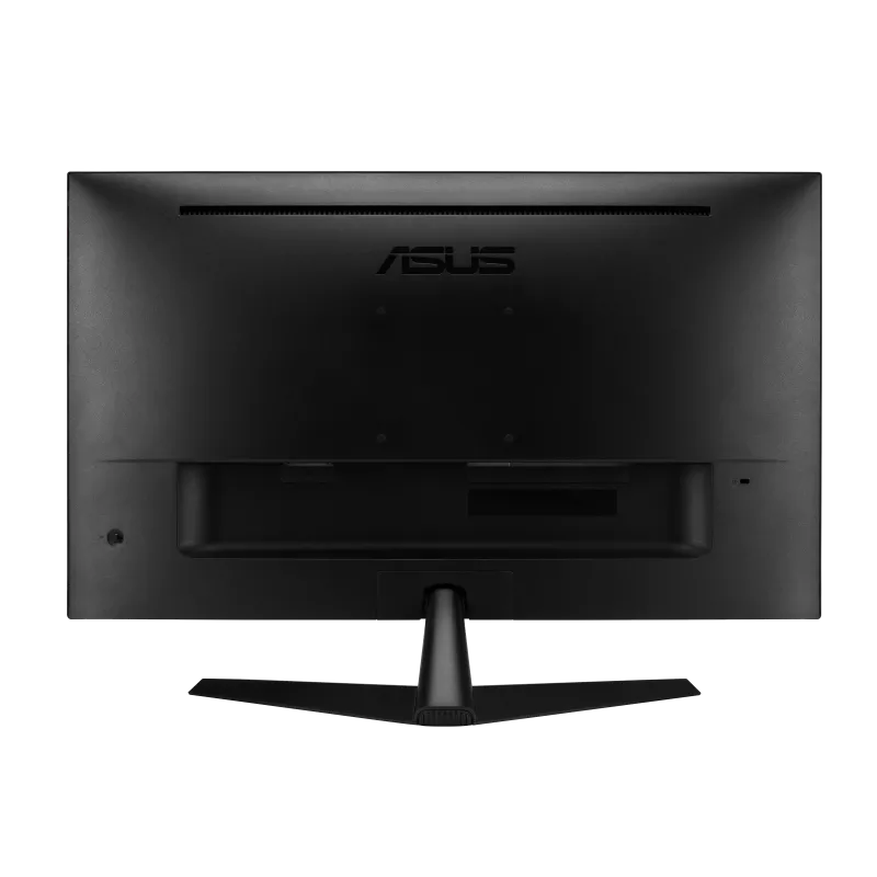 Pokazano tył czarnego monitora ASUS. Ma podstawkę i widoczne jest logo ASUS. Tło jest czarne.