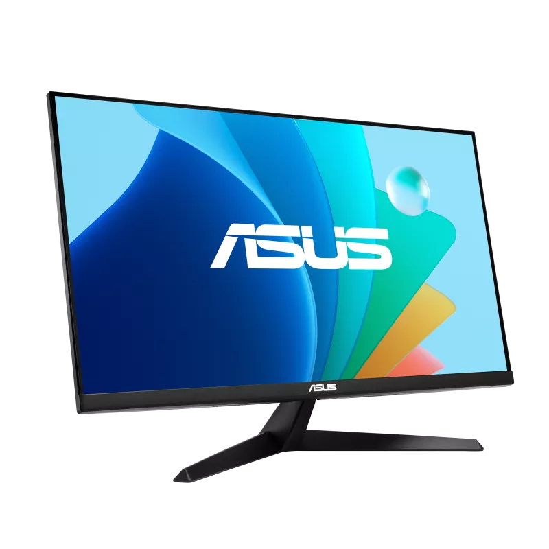Monitor ASUS z czarną ramką i podstawą. Ekran wyświetla kolorowy, abstrakcyjny wzór z logo ASUS.