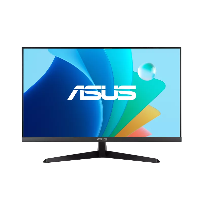 Monitor ASUS z czarną ramką i podstawą. Ekran wyświetla kolorowy abstrakcyjny wzór z logo ASUS.
