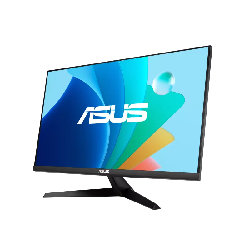 Monitor ASUS z czarną podstawą. Ekran wyświetla kolorowy, abstrakcyjny wzór z logo ASUS.