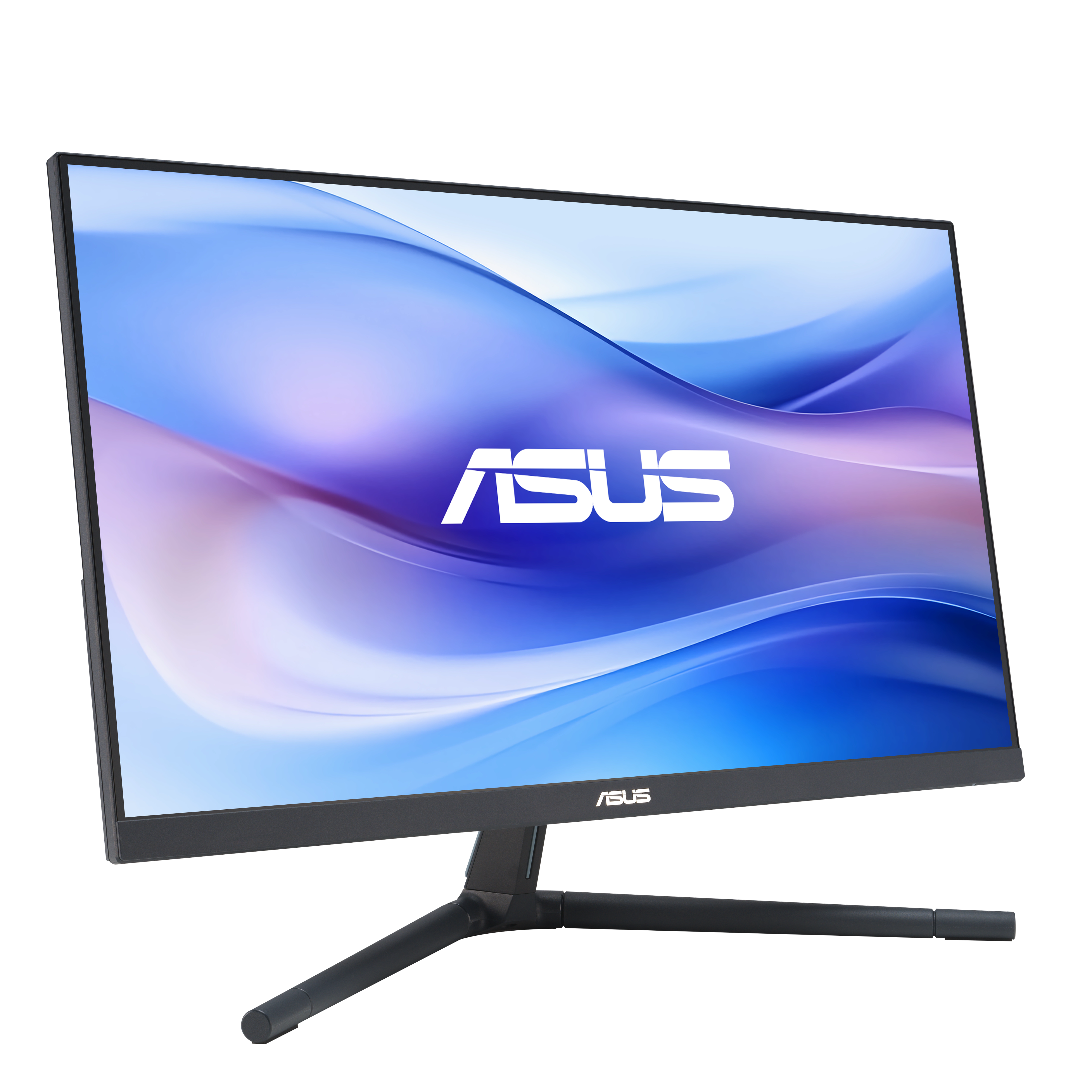 Monitor ASUS, czarna ramka, z niebiesko-fioletowym gradientem. Logo ASUS jest wyśrodkowane.