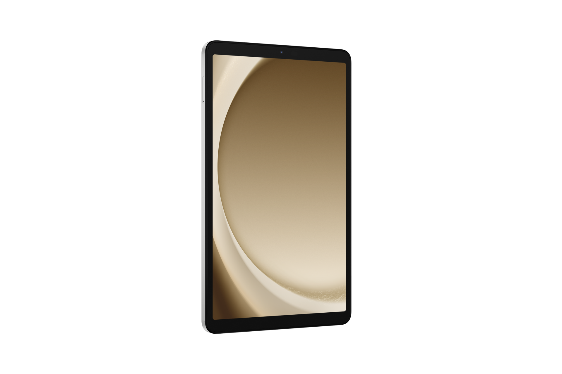 Tablet z czarną ramką i złotym ekranem wyświetlany na czarnym tle. Ekran ma abstrakcyjny wzór.
