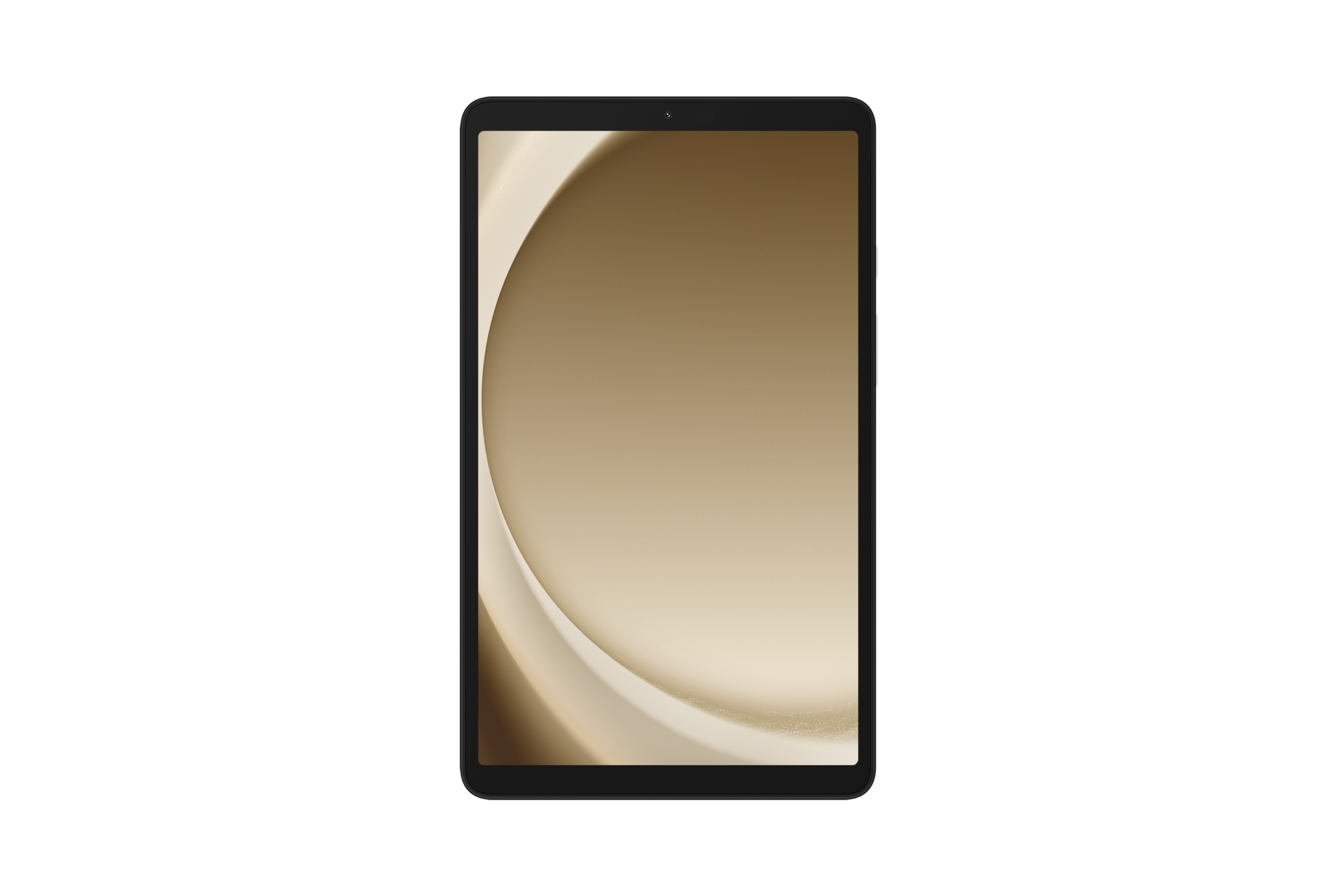 Tablet z czarną ramką i złotym ekranem. Ekran wyświetla zakrzywiony design z jasnym gradientem na czarnym tle.