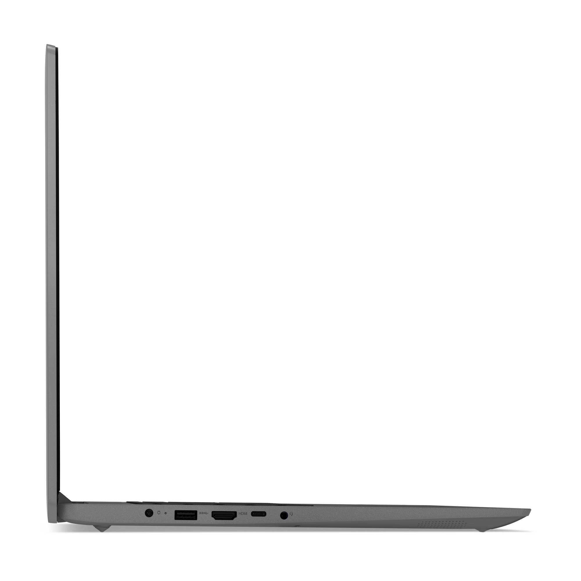 Widok z boku szarego laptopa na czarnym tle. Widoczne porty. Ekran jest otwarty.