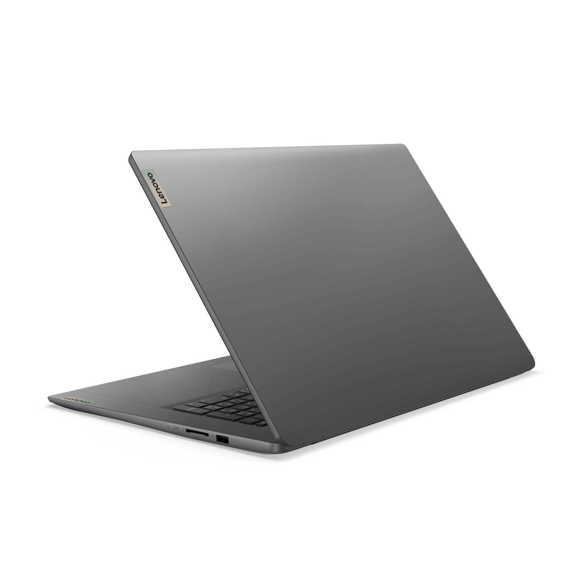 Szary laptop Lenovo jest otwarty na czarnym tle, pokazując klawiaturę i ekran pod kątem.