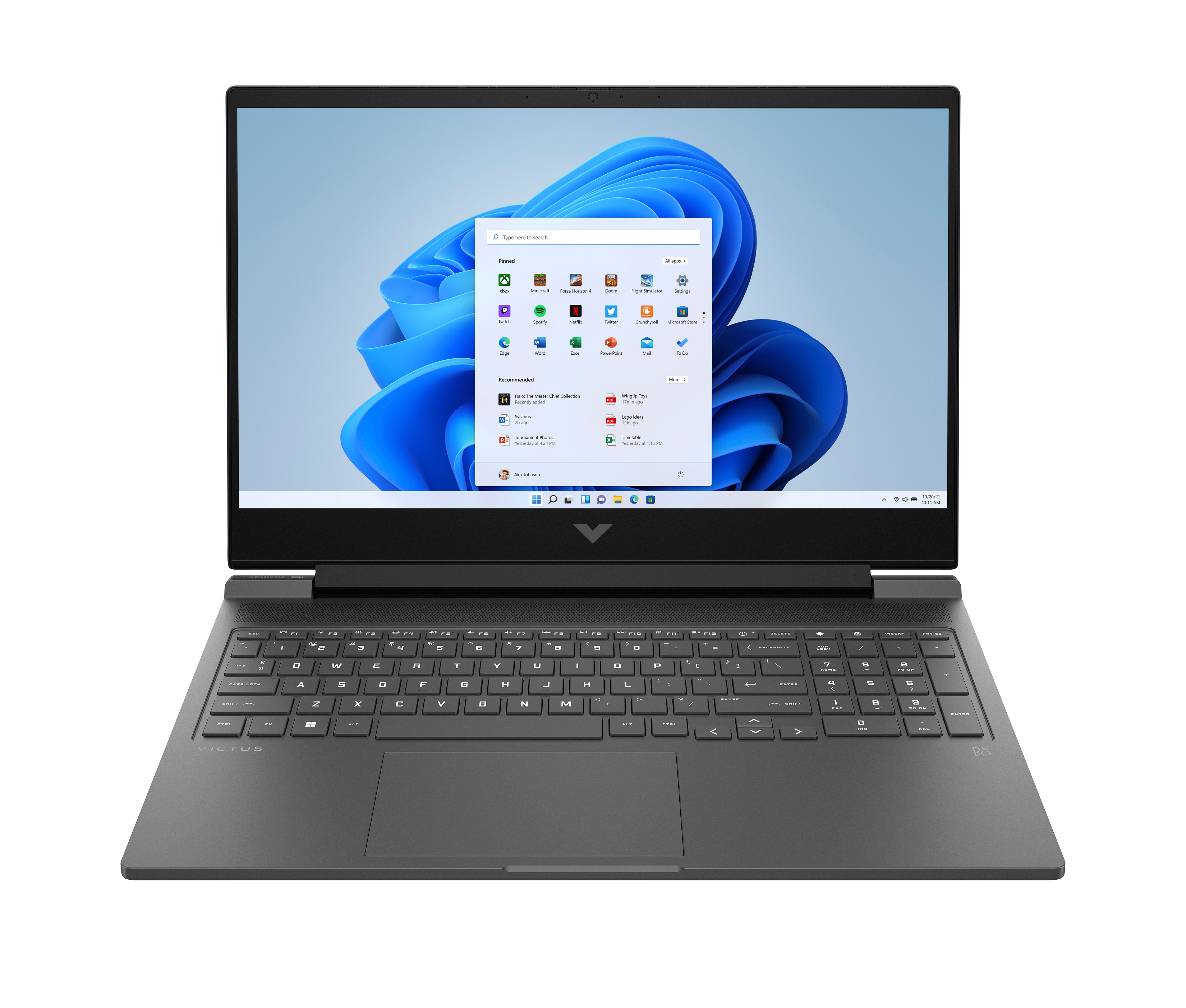 Laptop na czarnej powierzchni, interfejs Windows 11. Klawiatura widoczna, z logo Victus.