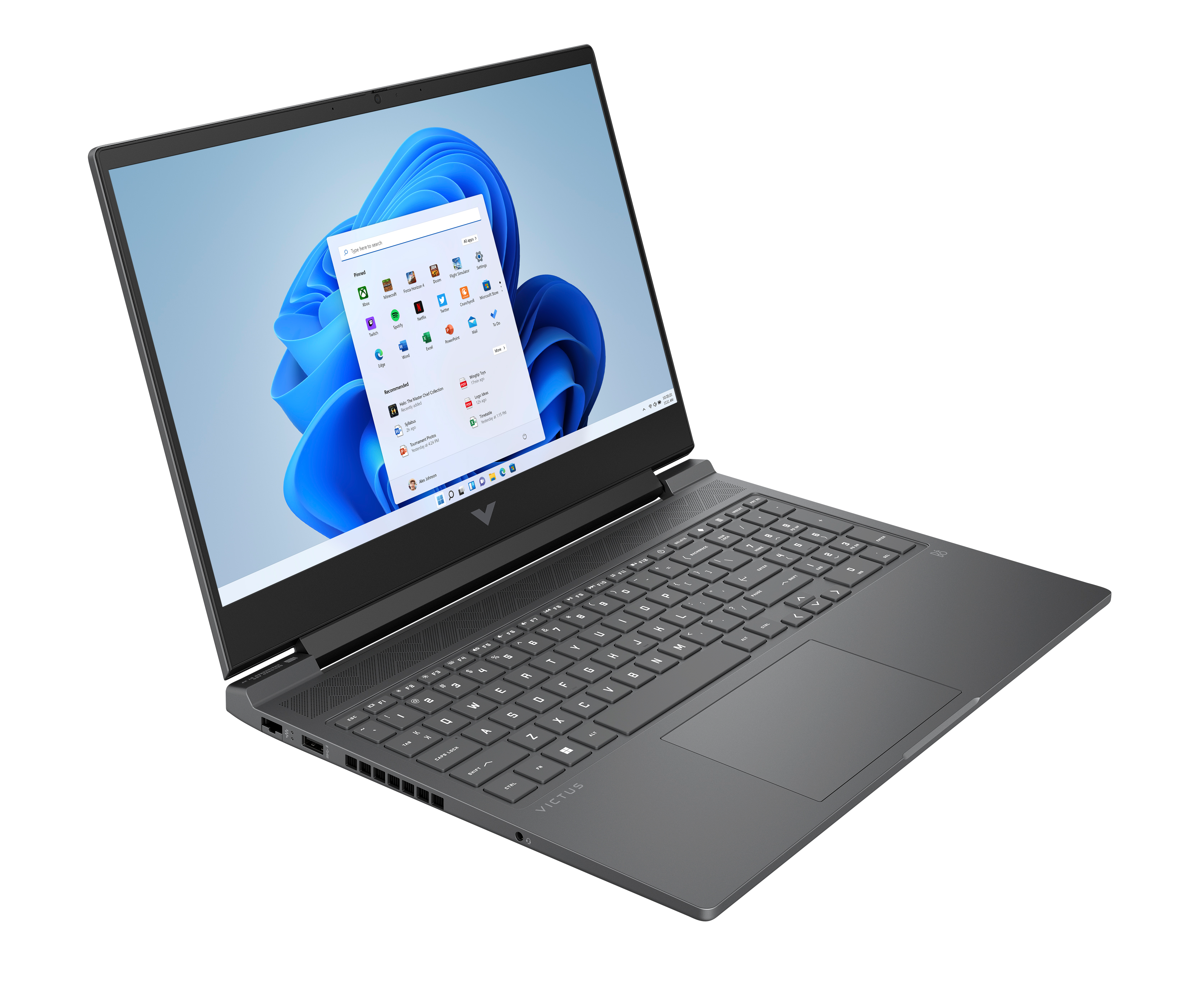 Szary laptop na czarnym tle wyświetla interfejs Windows 11.