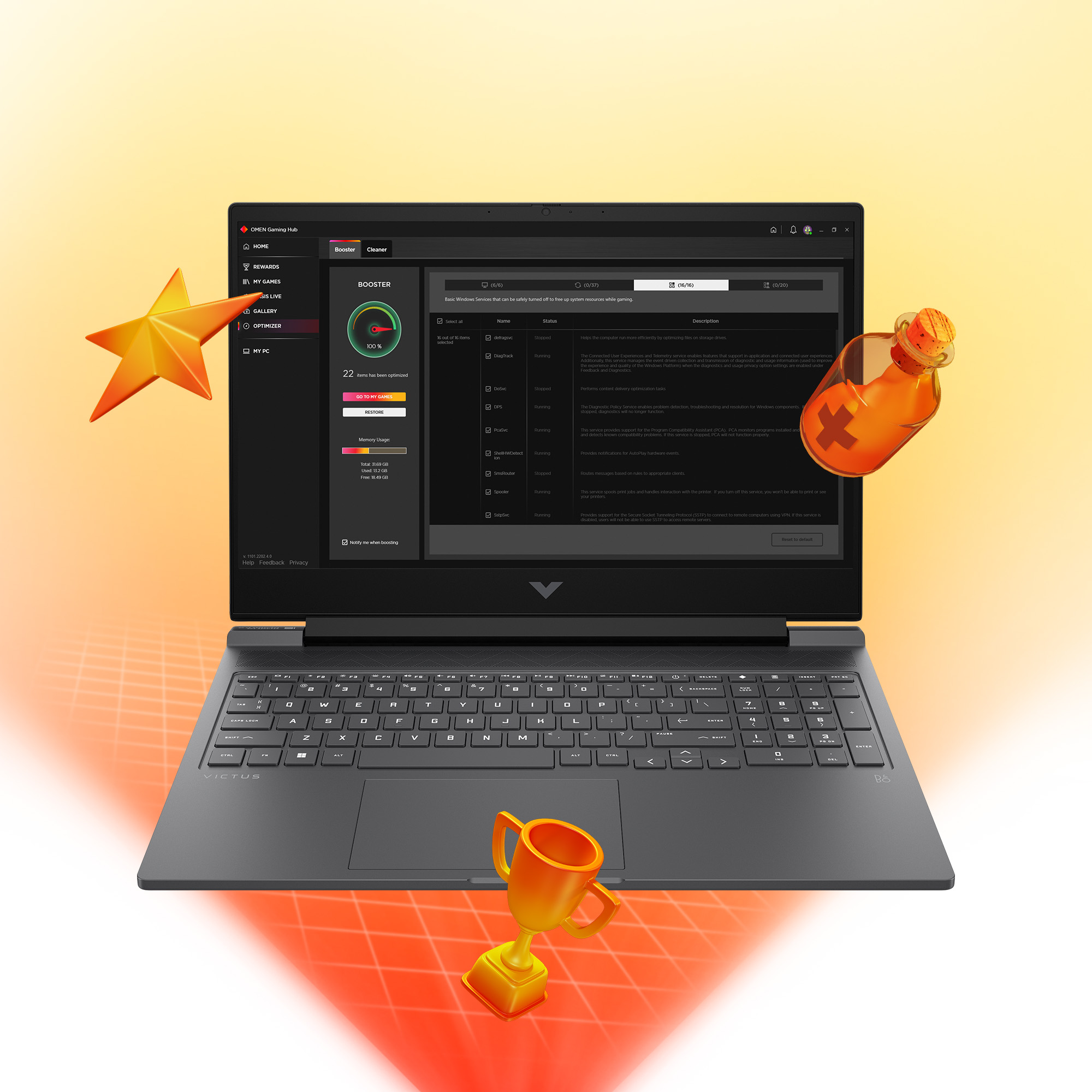 Laptop z interfejsem do gier. Pomarańczowa gwiazda i trofeum. Obecna jest również pomarańczowa butelka z X.