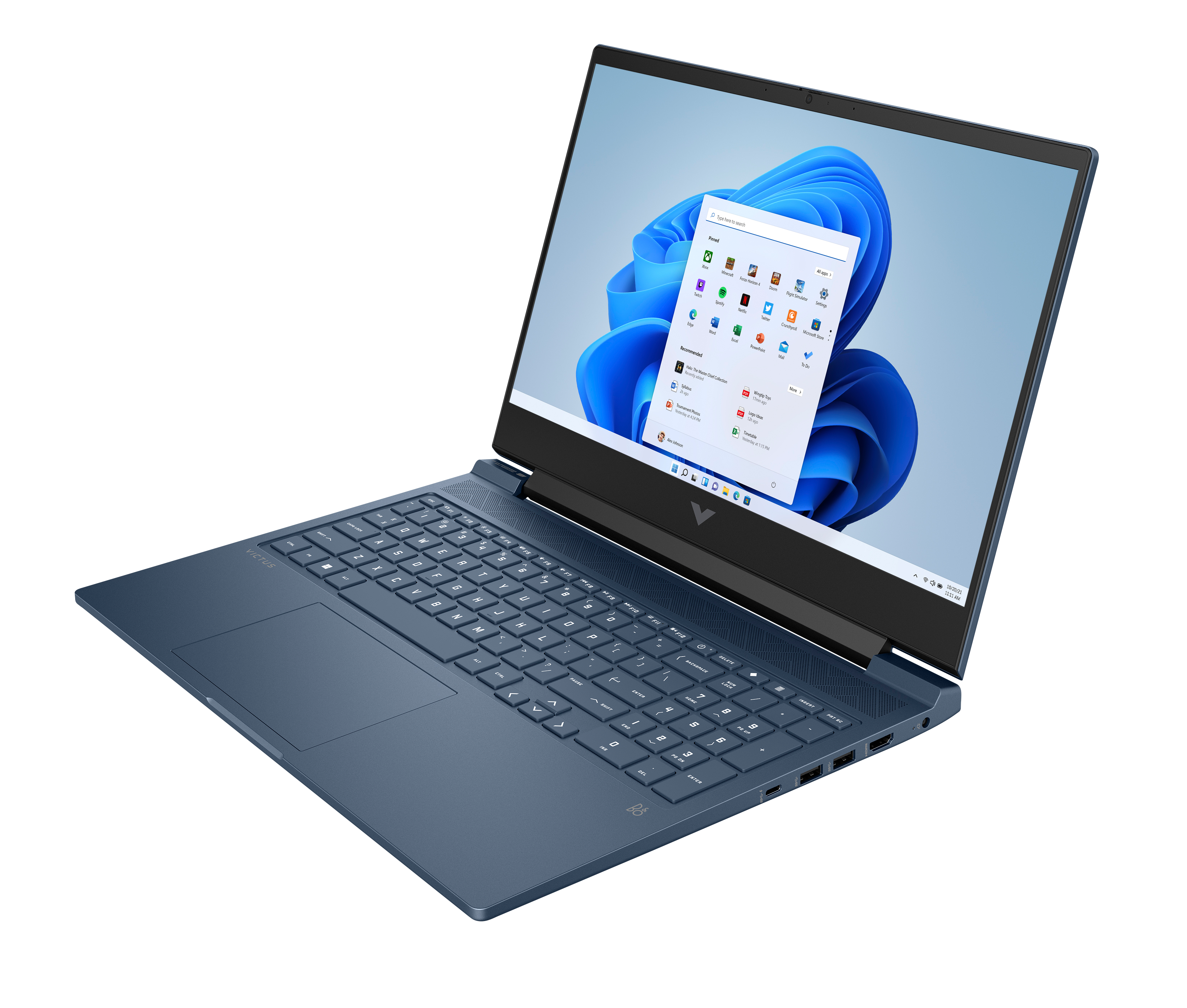 Ciemnoniebieski laptop z interfejsem Windows na czarnym tle.