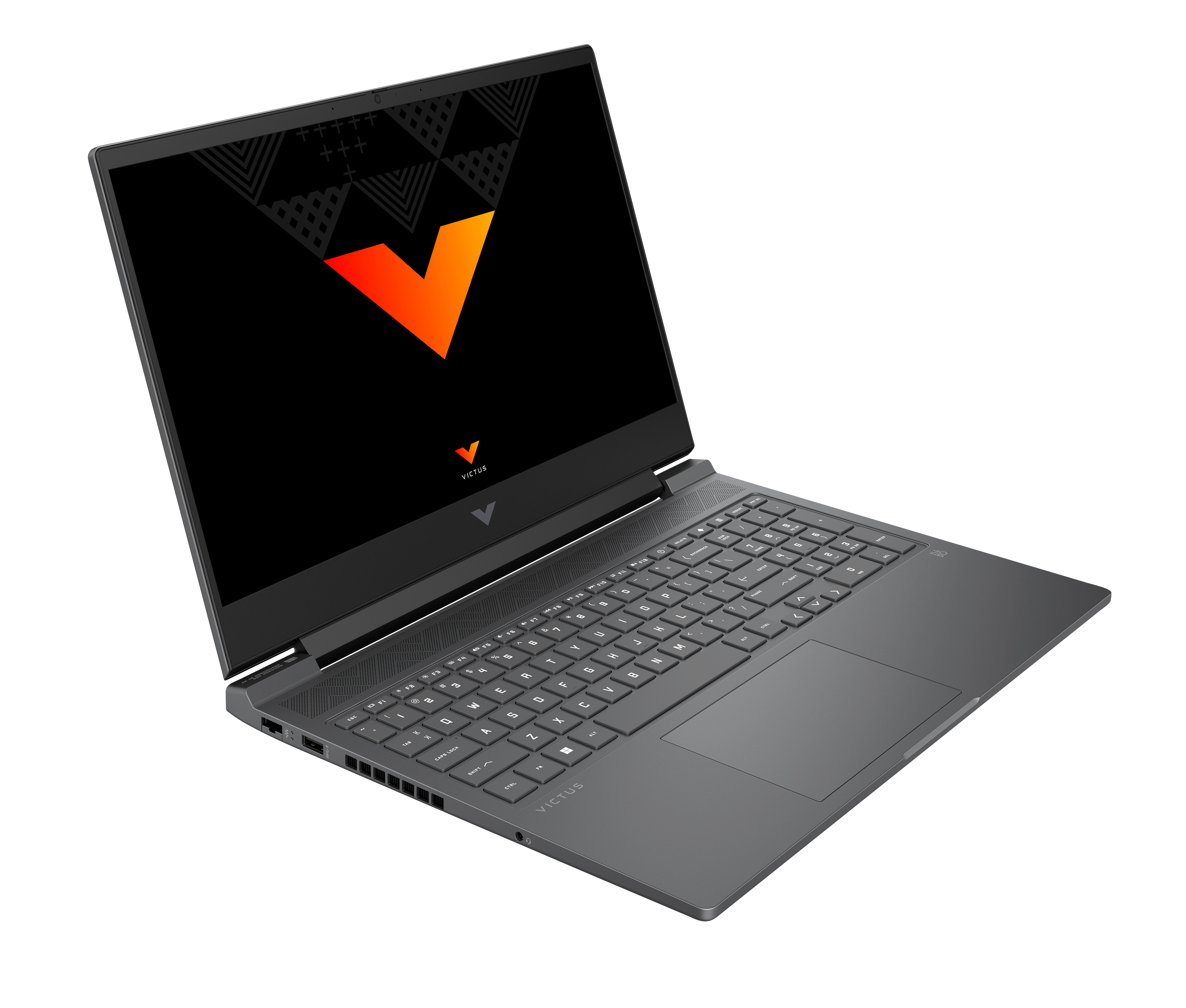Ciemnoszary laptop Victus jest otwarty na czarnej powierzchni. Ekran wyświetla logo Victus.