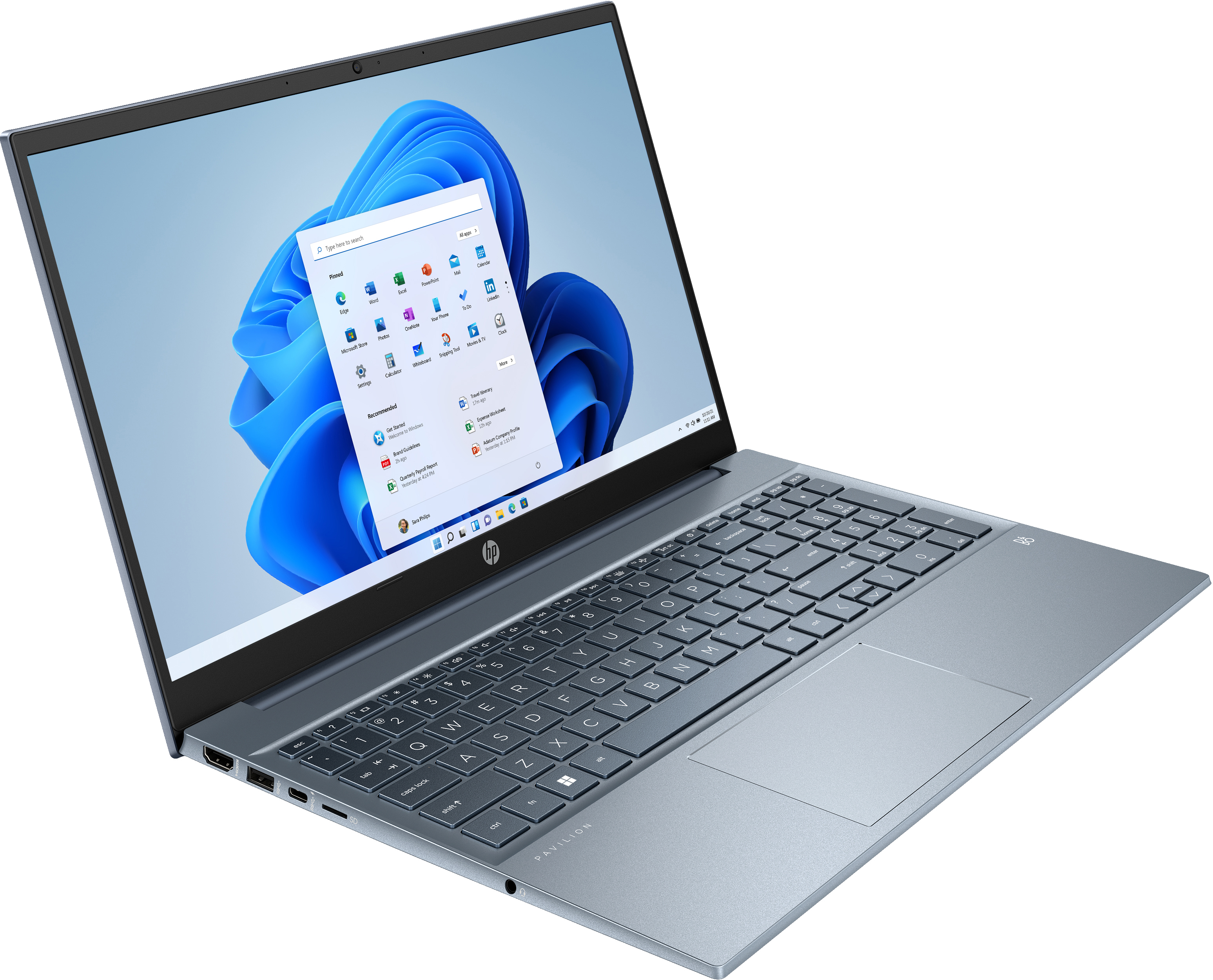 Niebieski laptop pokazuje interfejs Windows 11. Widoczna klawiatura i touchpad.