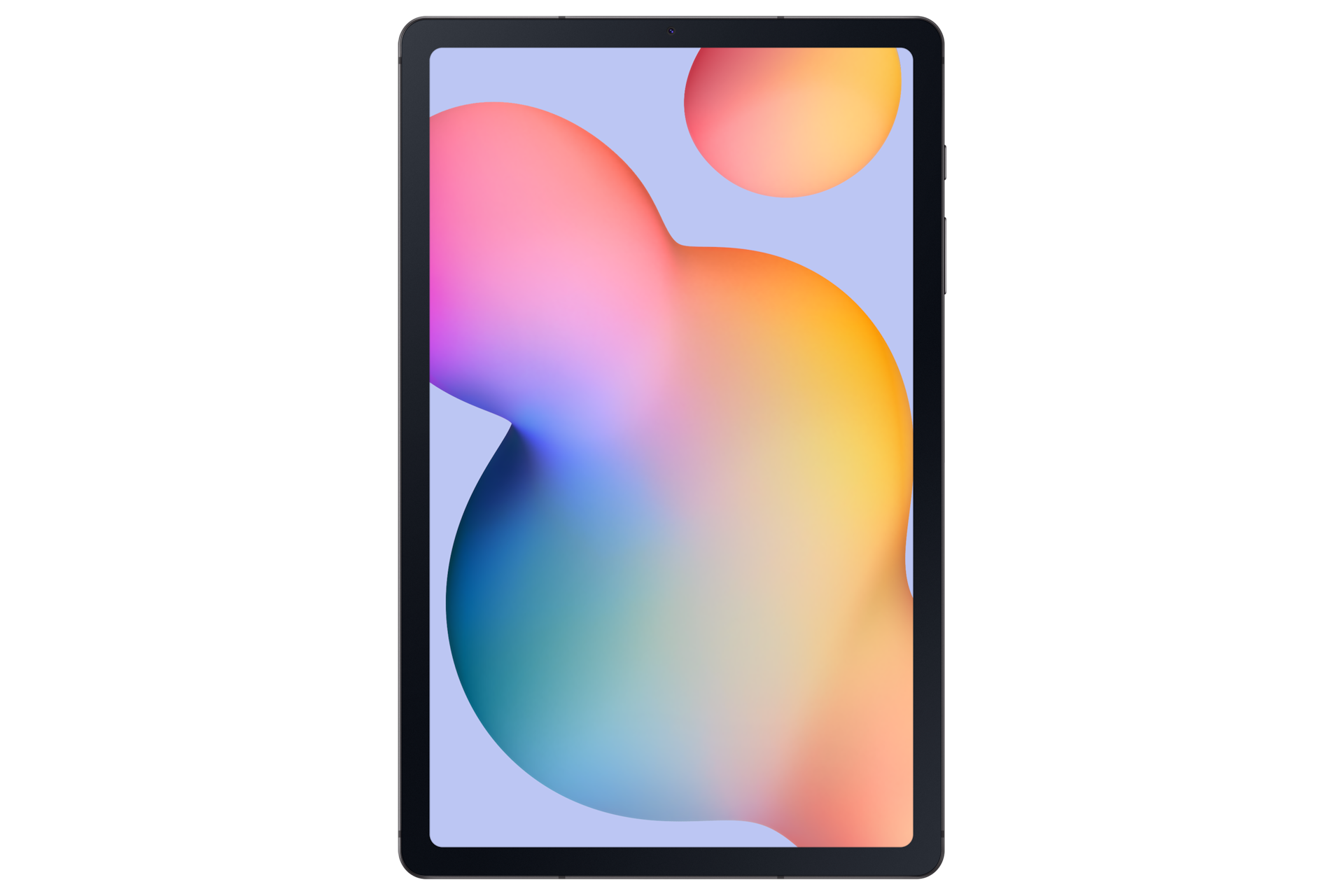 Tablet z kolorowym, abstrakcyjnym tłem na czarnym tle.