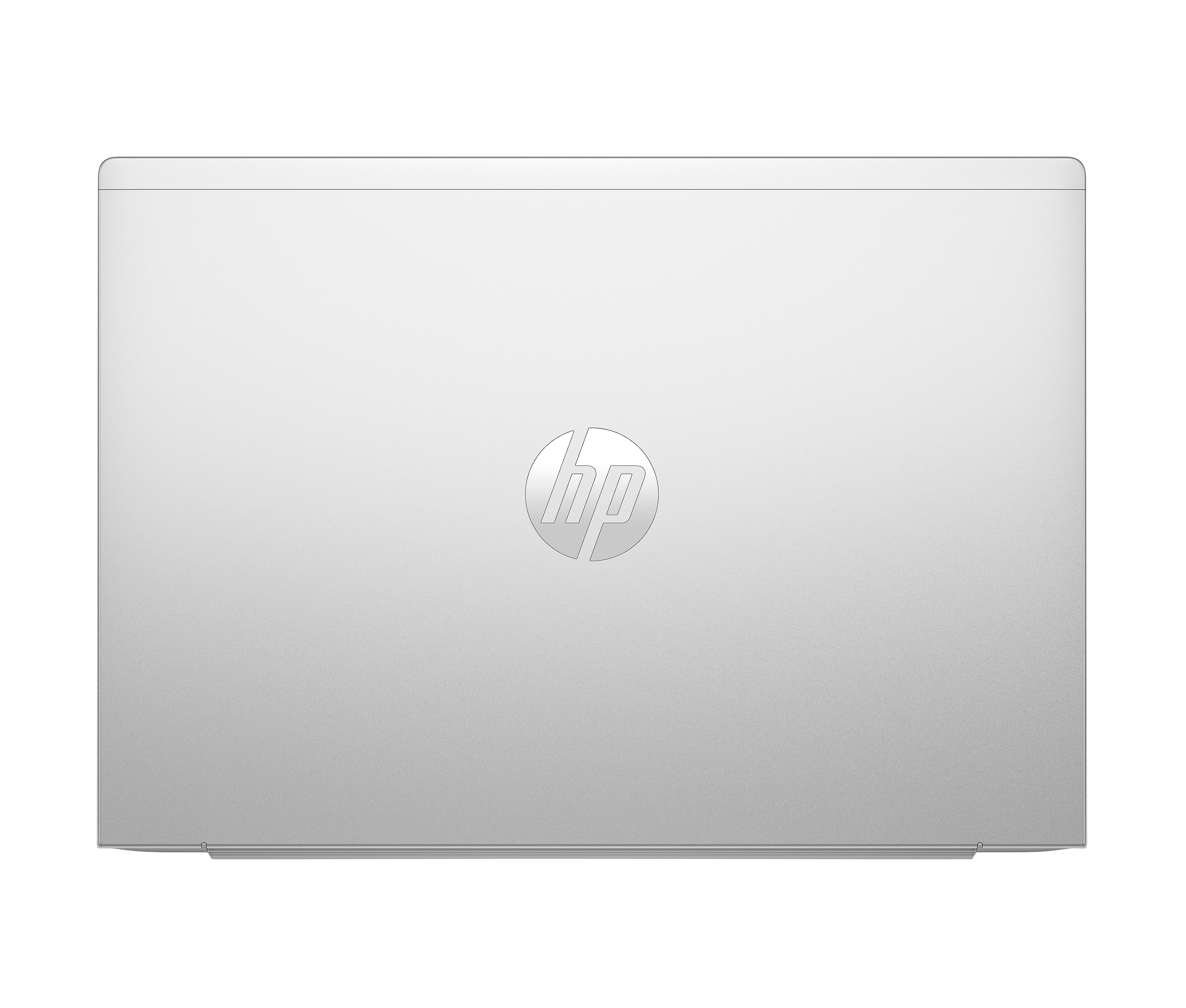 Srebrna pokrywa laptopa z logo HP pośrodku. Laptop jest na czarnym tle.