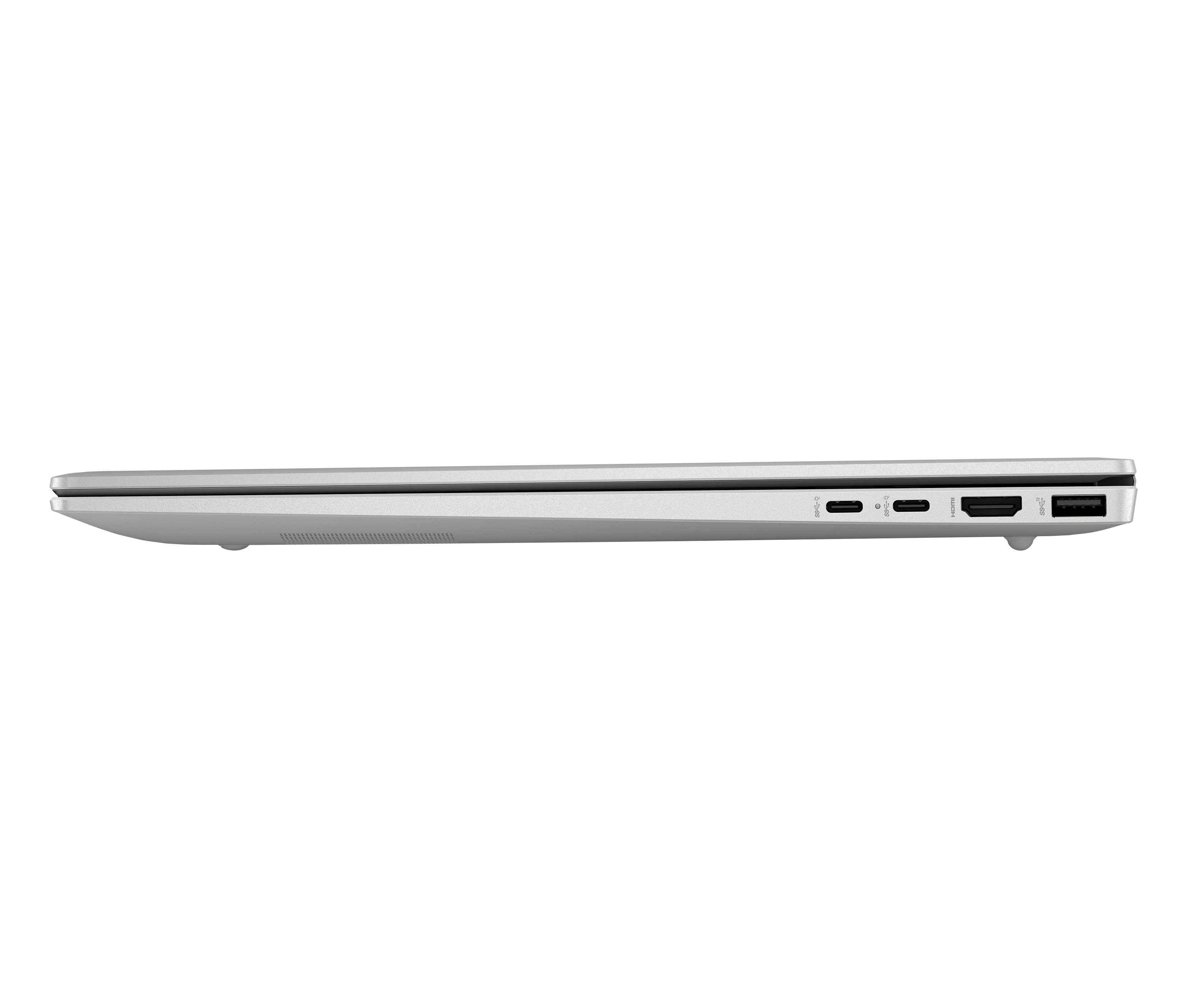 Widok z boku białego laptopa na czarnym tle. Widoczne porty USB i HDMI.