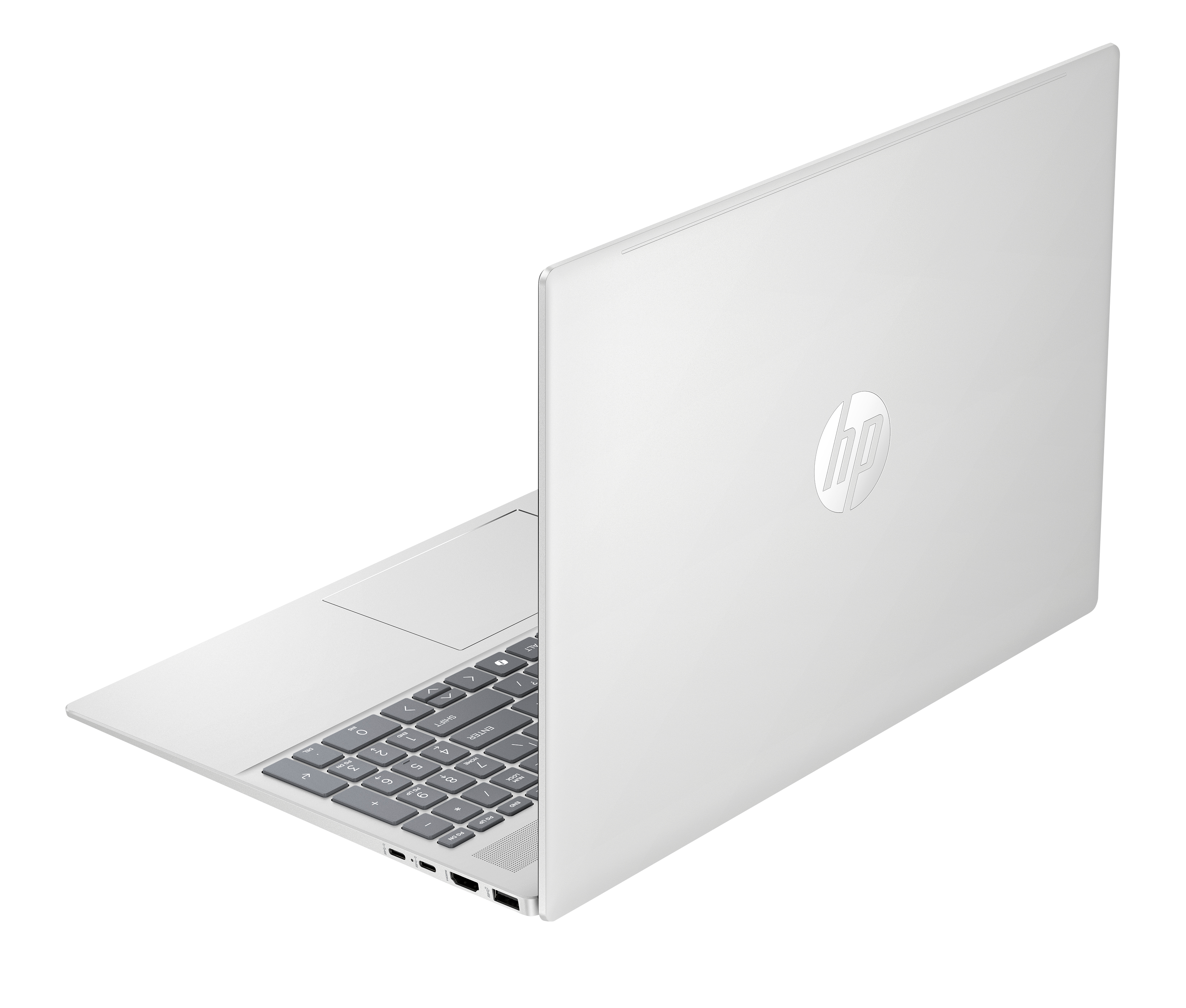 Biały laptop HP jest otwarty na czarnym tle. Klawiatura jest widoczna.