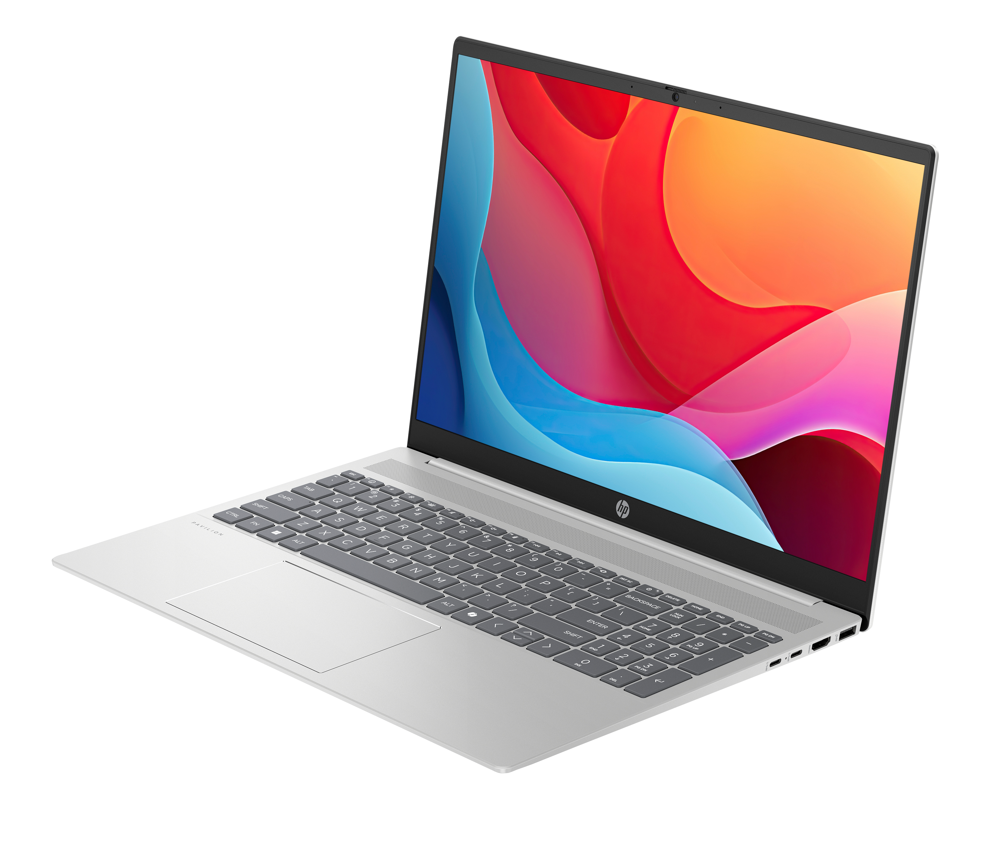 Srebrny laptop HP na czarnym tle, ekran z kolorową sztuką abstrakcyjną. Widoczna klawiatura i touchpad.