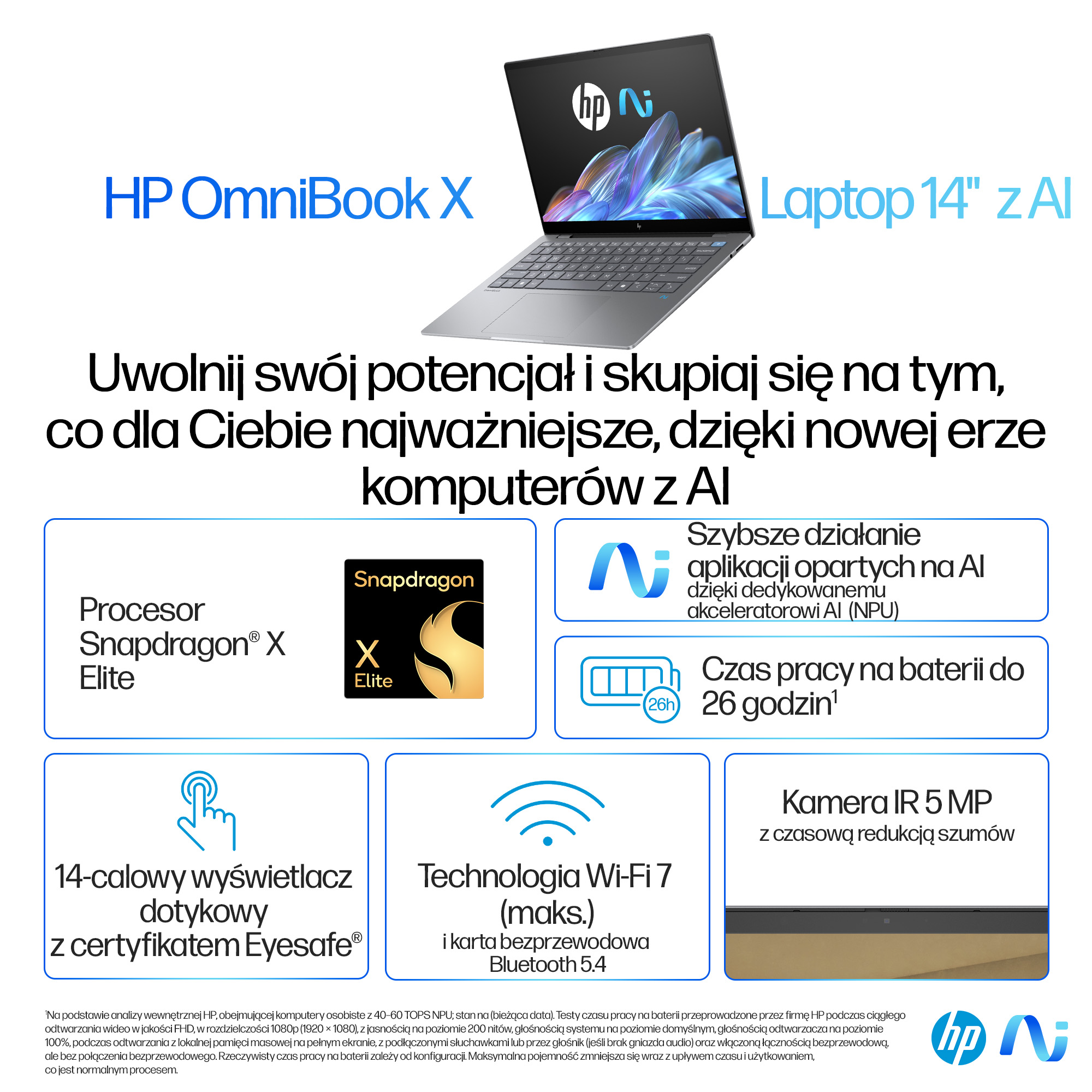 Laptop HP OmniBook X. Funkcje: procesor Snapdragon, 14-calowy ekran dotykowy, Wi-Fi 7 i kamera IR 5MP.