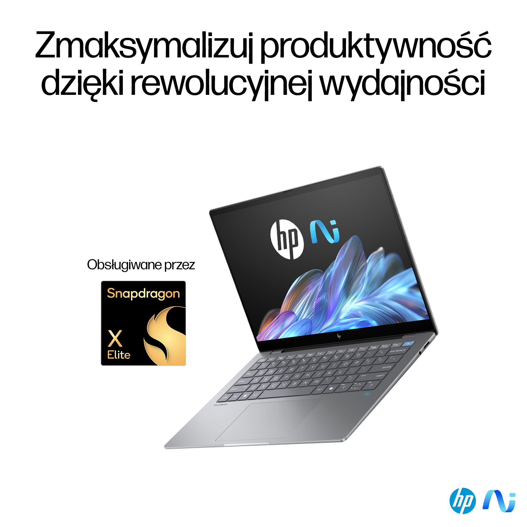Srebrny laptop HP z klawiaturą i ekranem z niebiesko-białym wzorem. Widoczne logo Snapdragon X Elite.