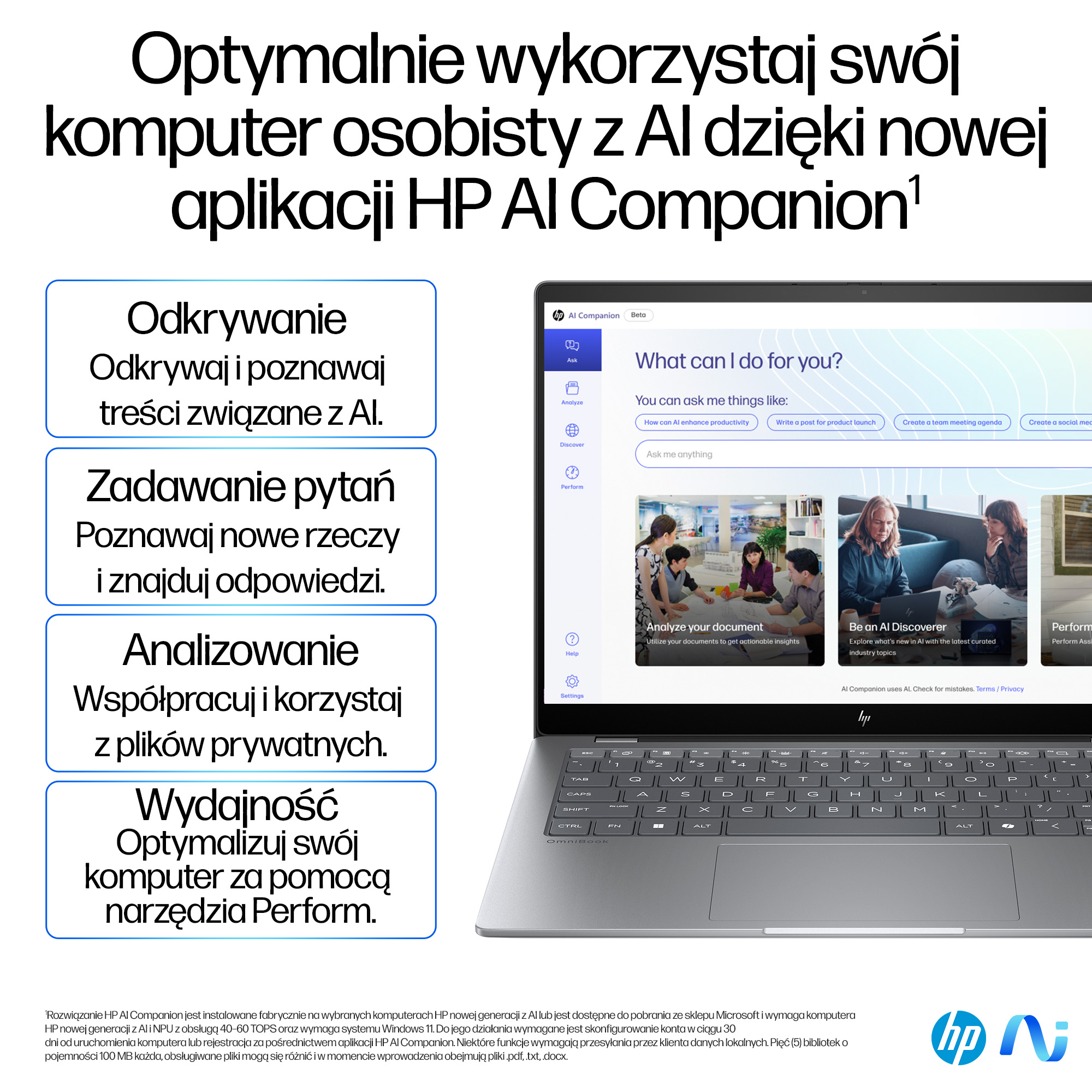 Ekran laptopa z aplikacją HP AI Companion i opcjami: Odkryj, Zapytaj, Analizuj, Wydajność.