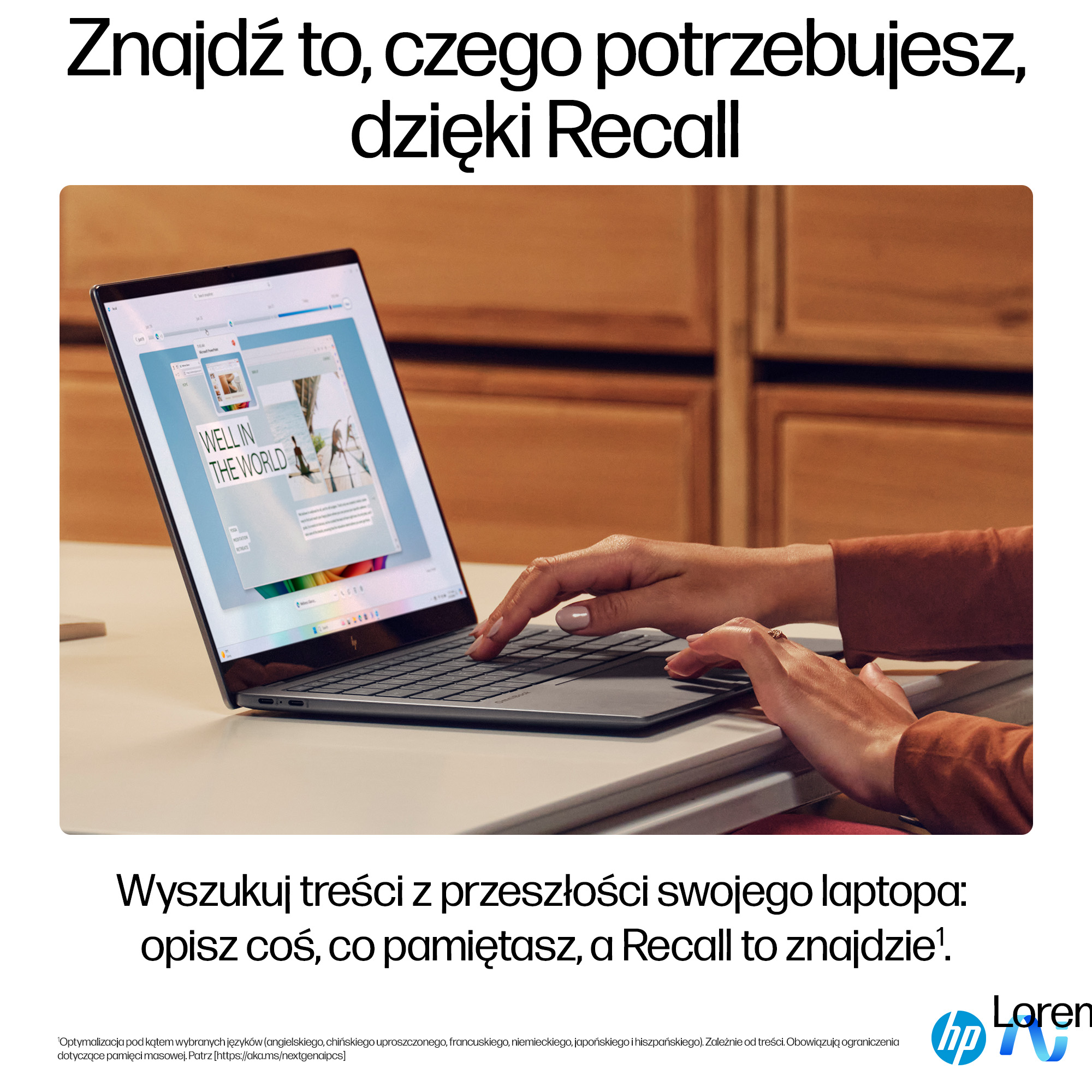 Osoba używa laptopa. Ekran pokazuje stronę internetową. Ręce piszą na klawiaturze. Tekst: Znajdź to, czego potrzebujesz, dzięki Recall.