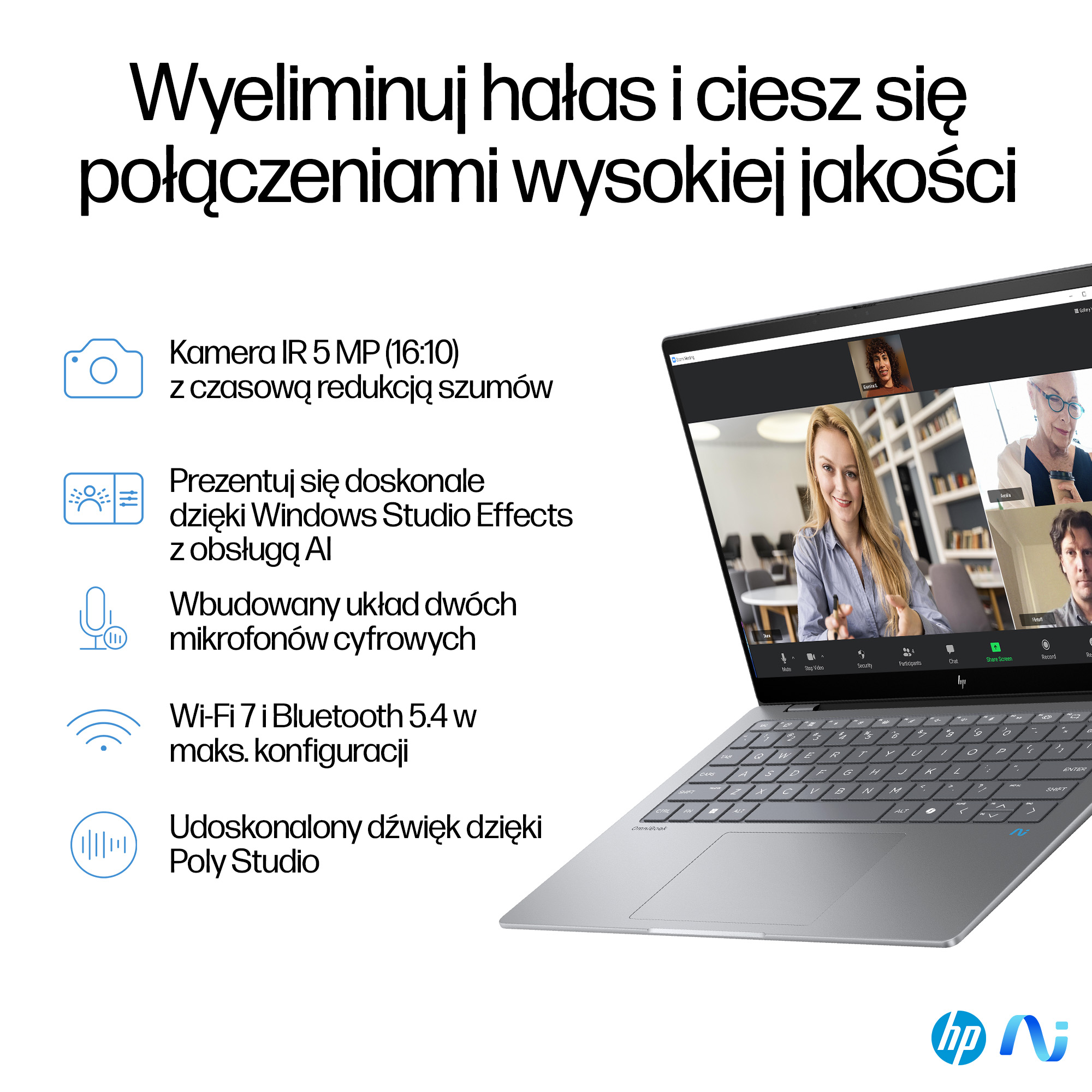 Laptop pokazujący rozmowę wideo z wieloma uczestnikami. Laptop ma srebrne wykończenie i logo HP.