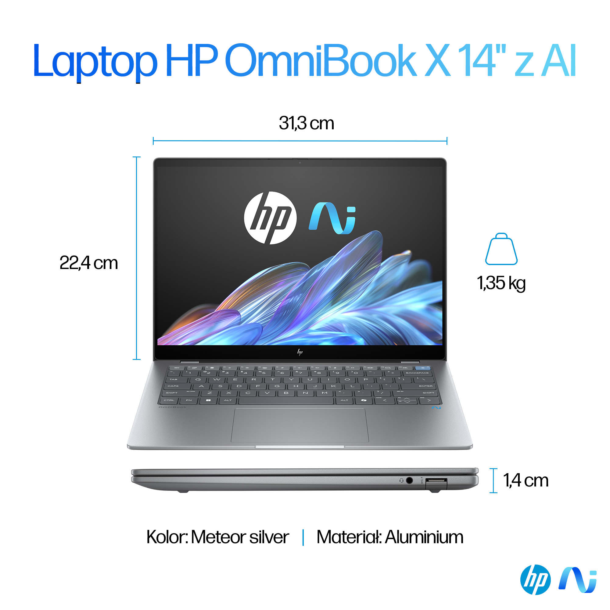 Srebrny laptop HP OmniBook z klawiaturą, wymiarami, wagą i szczegółami materiału na białym tle.