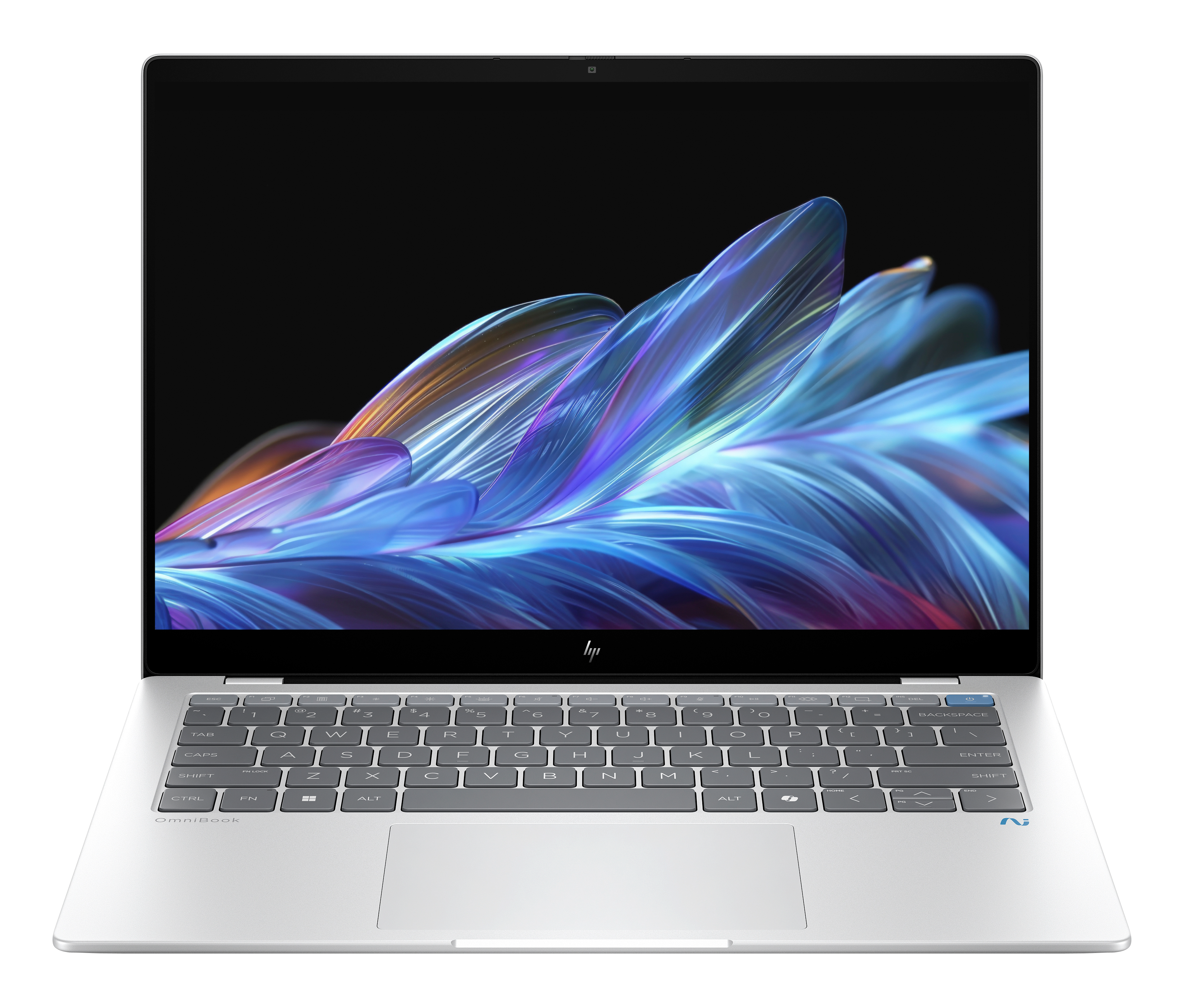 Srebrny laptop z kolorowym ekranem, klawiaturą i panelem dotykowym na czarnym tle.