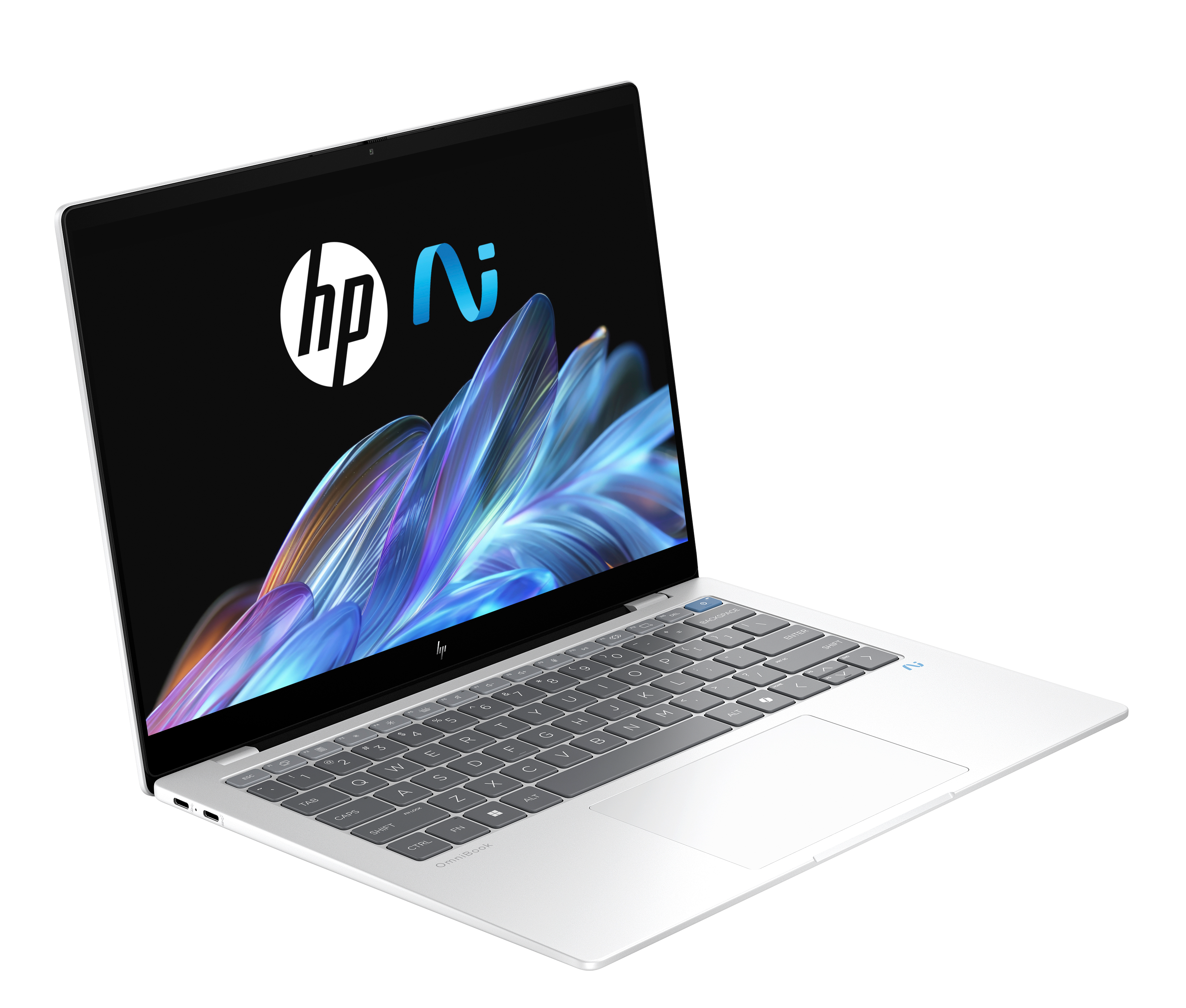 Srebrny laptop HP na czarnym tle, otwarty, z logo HP i abstrakcyjnym wzorem na ekranie.