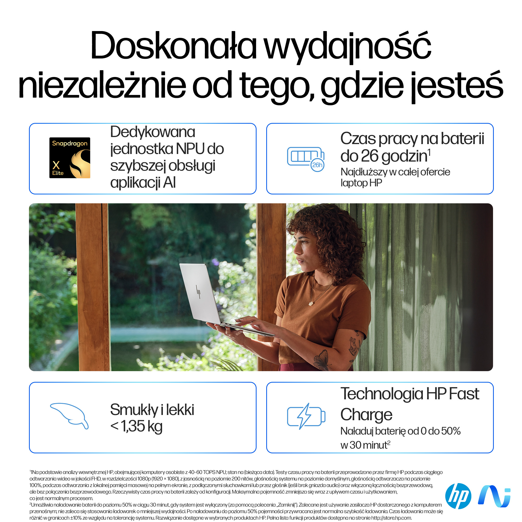 Kobieta używa srebrnego laptopa. Tekst: Snapdragon, bateria do 26 godzin, lekki, HP Fast Charge.