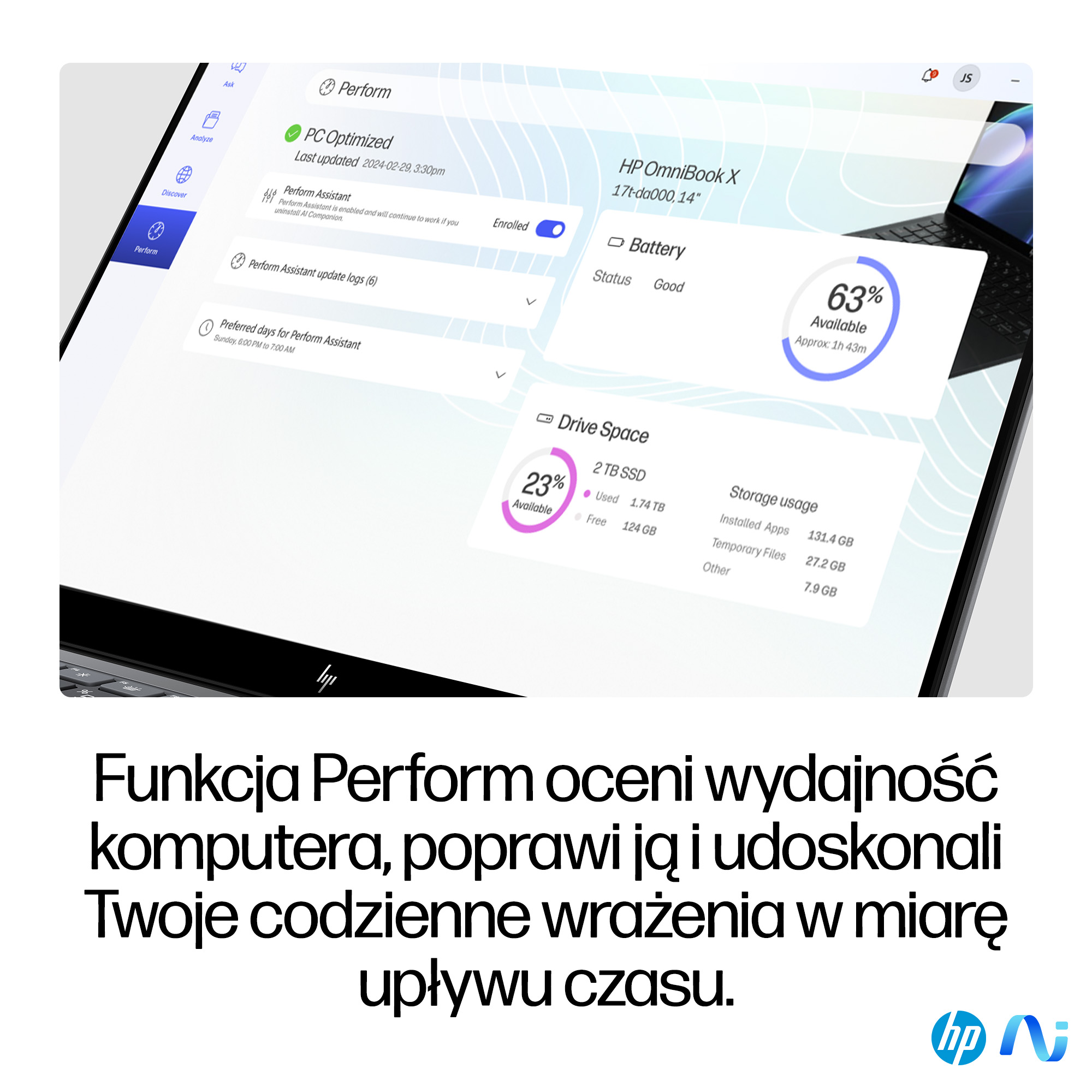 Ekran laptopa z informacjami o wydajności systemu. Wyświetlacz baterii, miejsca na dysku i użycia pamięci.
