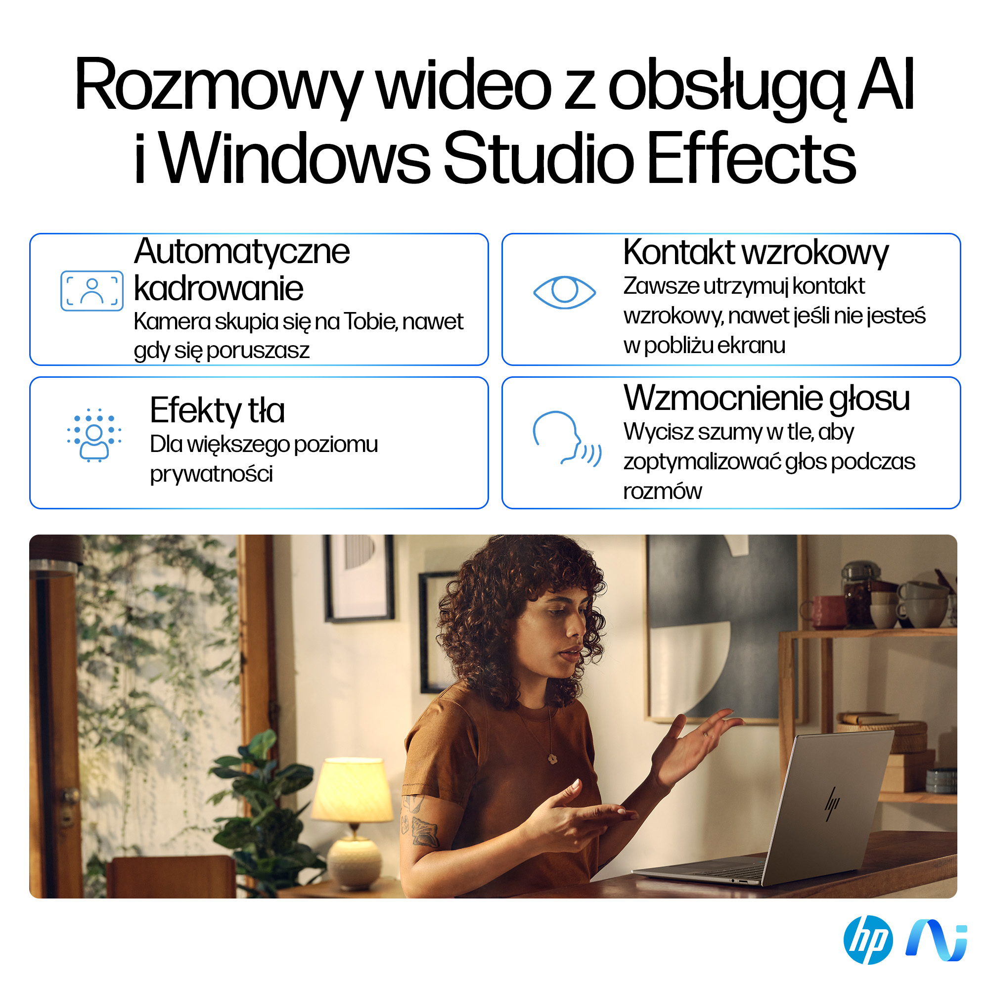 Kobieta podczas rozmowy wideo, używająca laptopa HP. Tekst opisuje funkcje AI: automatyczne kadrowanie, efekty tła, kontakt wzrokowy i poprawę głosu.