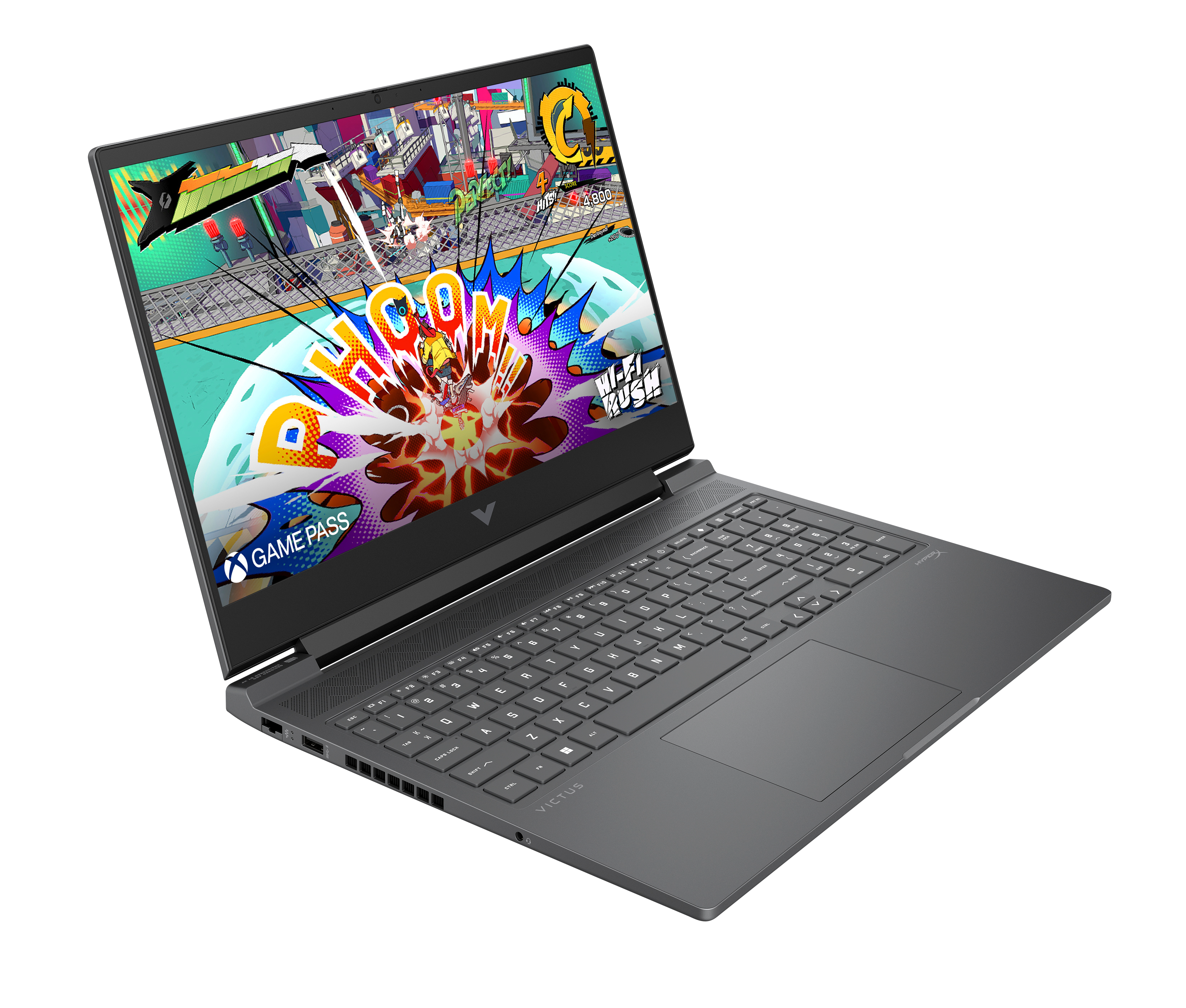 Laptop z kolorowym ekranem gry. Widoczna klawiatura. Czarne tło. Logo 'GAME PASS'.