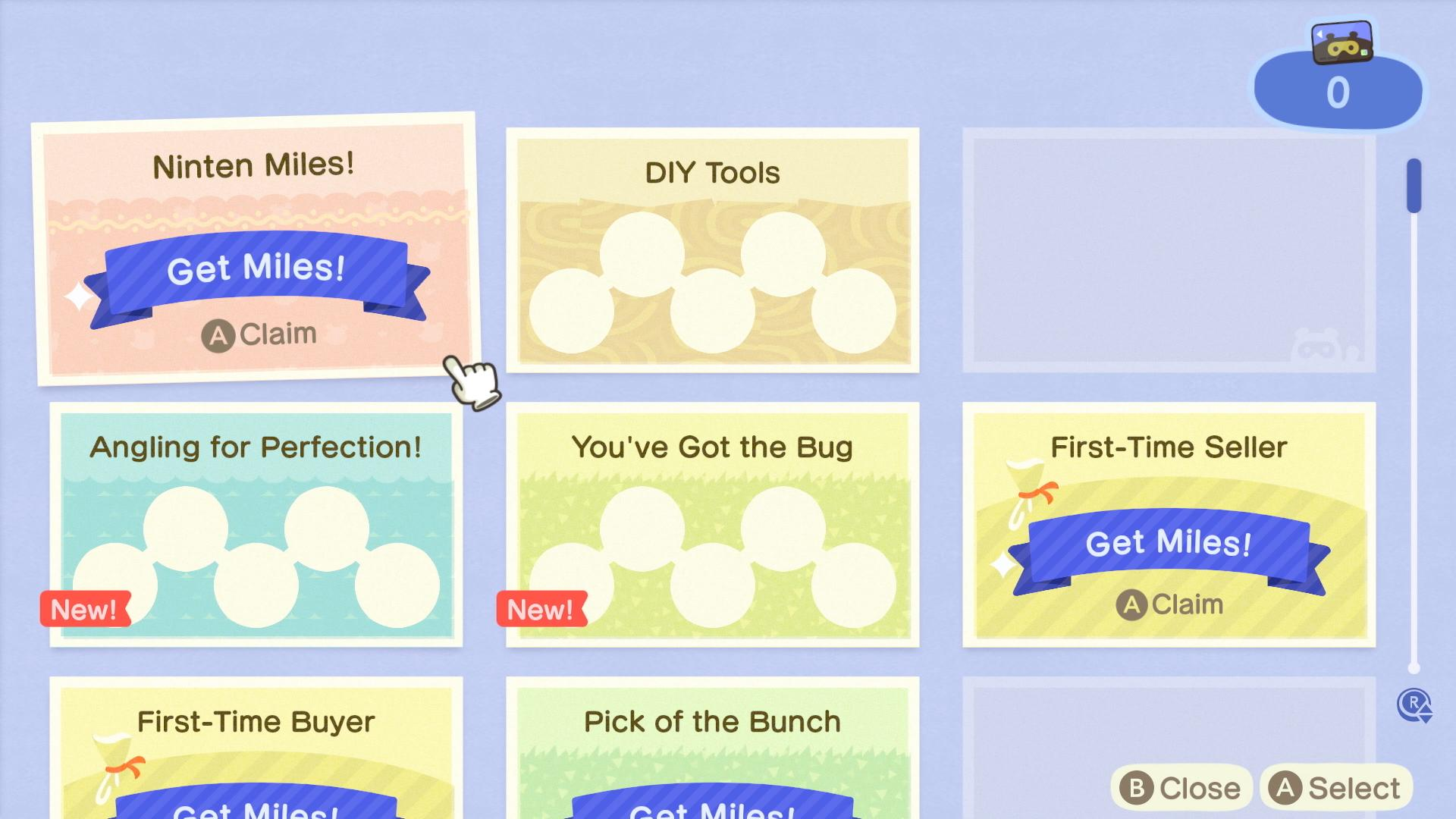 Ekran pokazuje różne karty osiągnięć. Jedna z nich mówi: 'Ninten Miles! Get Miles!'. Kursor w kształcie dłoni wskazuje na kartę.