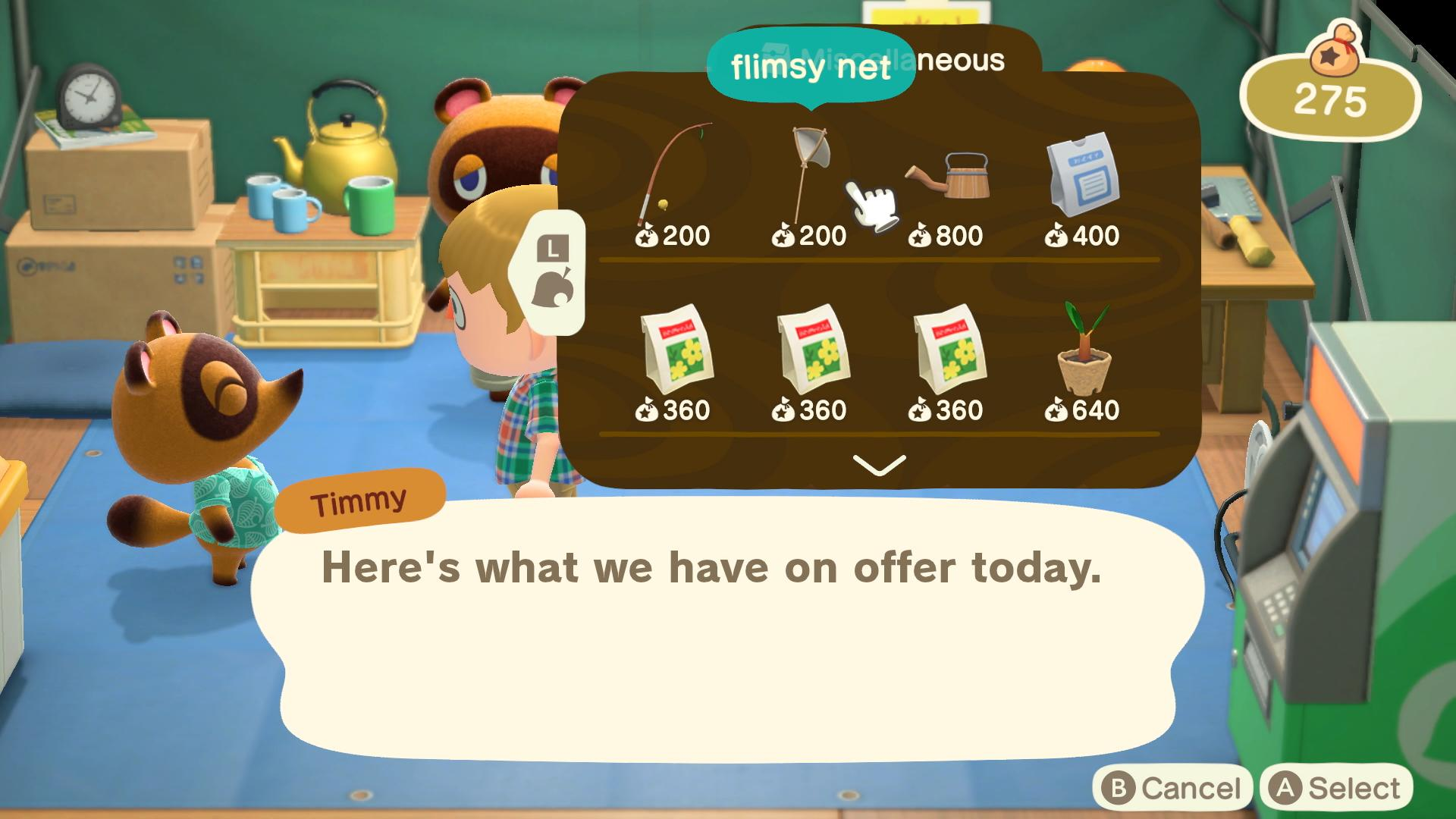 Scena z Animal Crossing. Timmy oferuje przedmioty. Interfejs sklepu wyświetla podbierak, nasiona i inne towary.