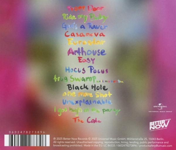 Album-Rückseite mit rosa und lila Farbverlauf. Bunte Songtitel sind aufgeführt. Die Logos von Universal und Better Now sind sichtbar.