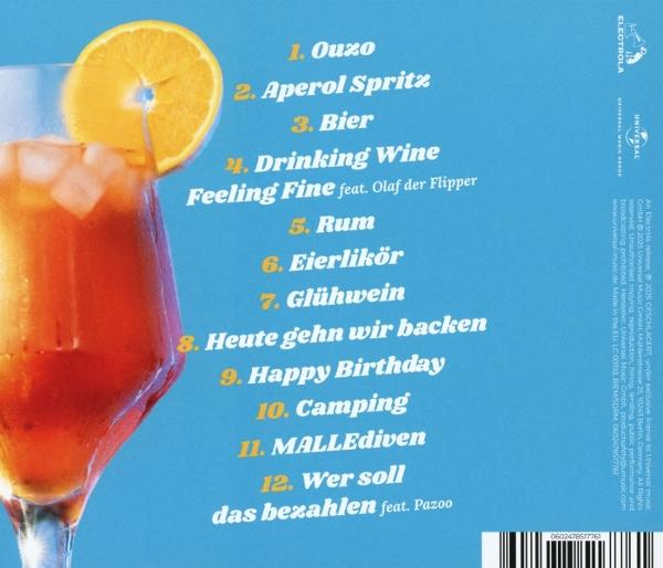 Ein Getränk mit Orangenscheibe, Eiswürfeln und einer Titelliste mit 'Ouzo', 'Aperol Spritz' und 'Drinking Wine'.