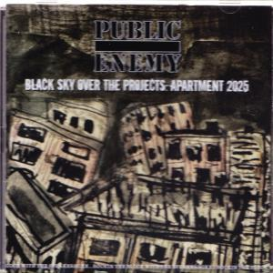 Albumcover für Public Enemy. Schwarz-graue Kunst von Gebäuden. Text: Black Sky Over The Projects, Apartment 2025.