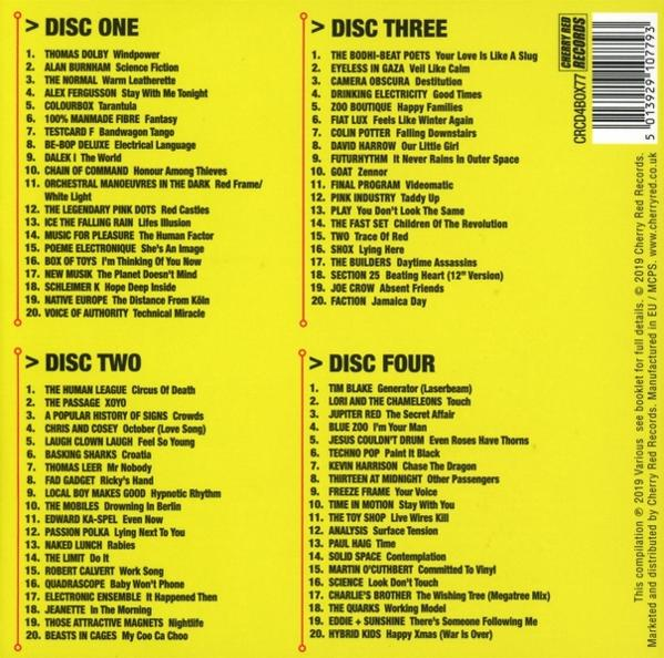 Das Albumcover listet Songtitel in vier Spalten auf. Cherry Red Records Logo oben rechts.
