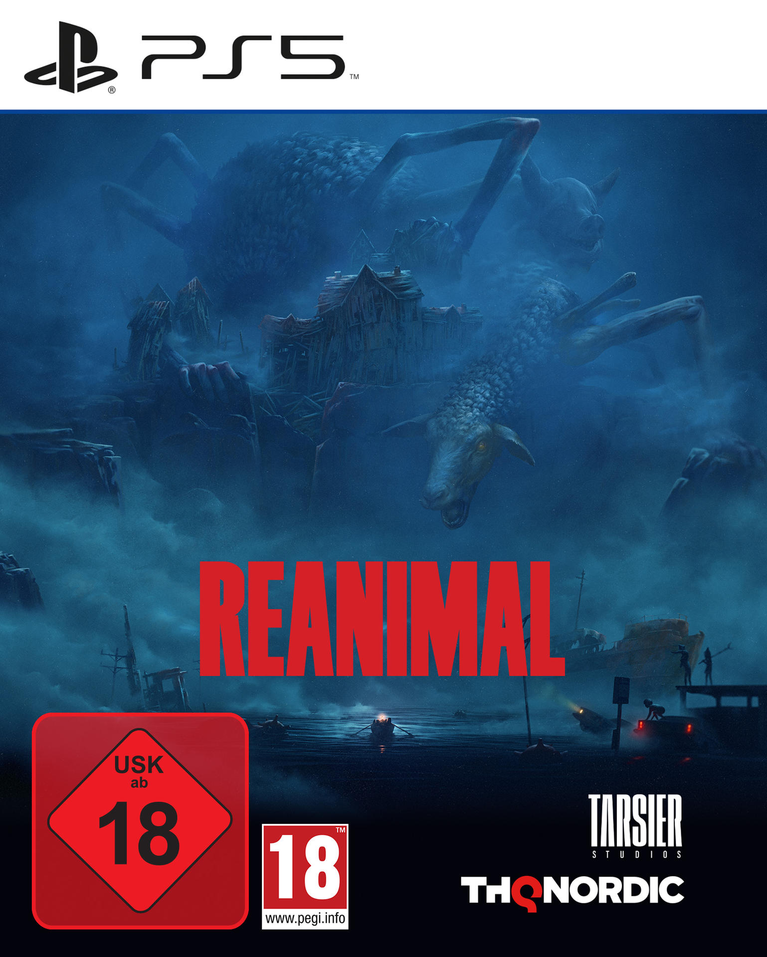 Cover-Art für das Spiel Reanimal. Ein riesiges Schafwesen ragt über einer Stadt. Bewertungssymbole sind unten links.